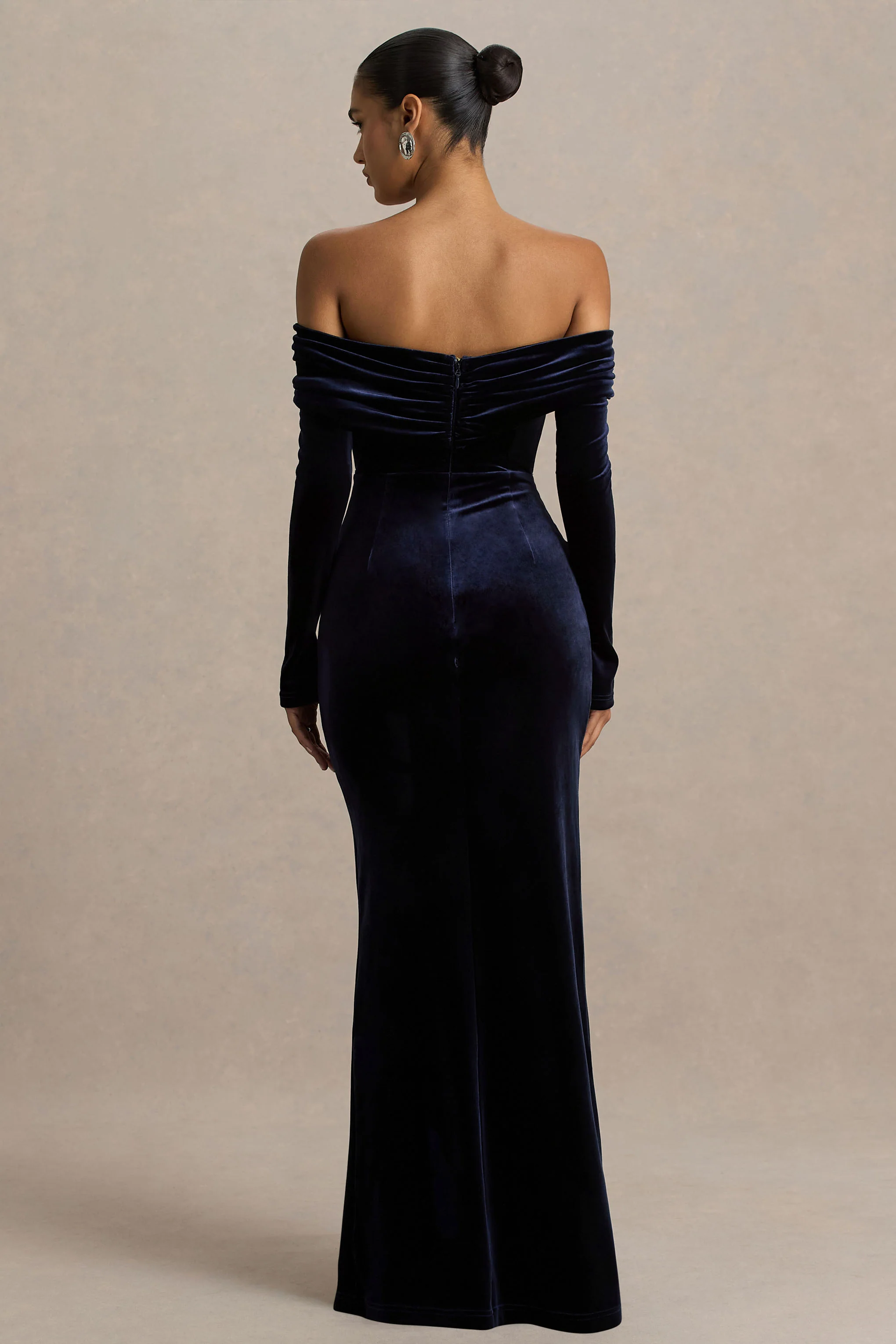 Countess | Navy Velvet Bardot-Neck Wrapped Maxi Dress With Front-High Split - Image 2
