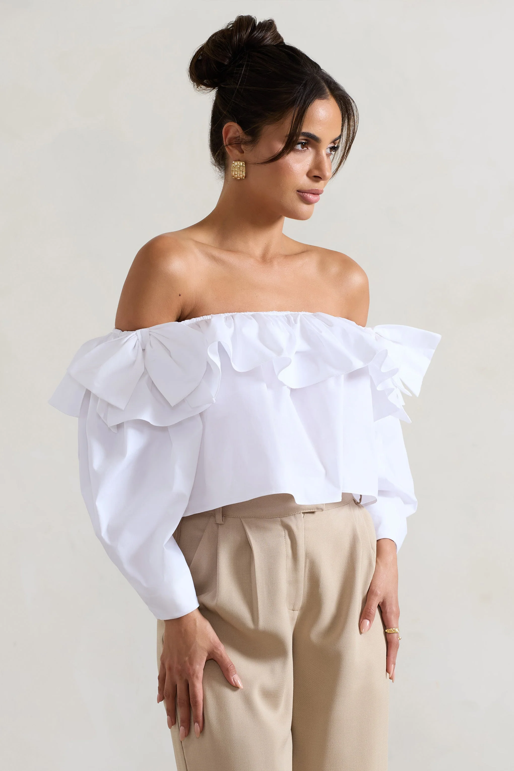 Cove | White Bardot Puff-Sleeve Ruffle Top With Bows - Image 10
