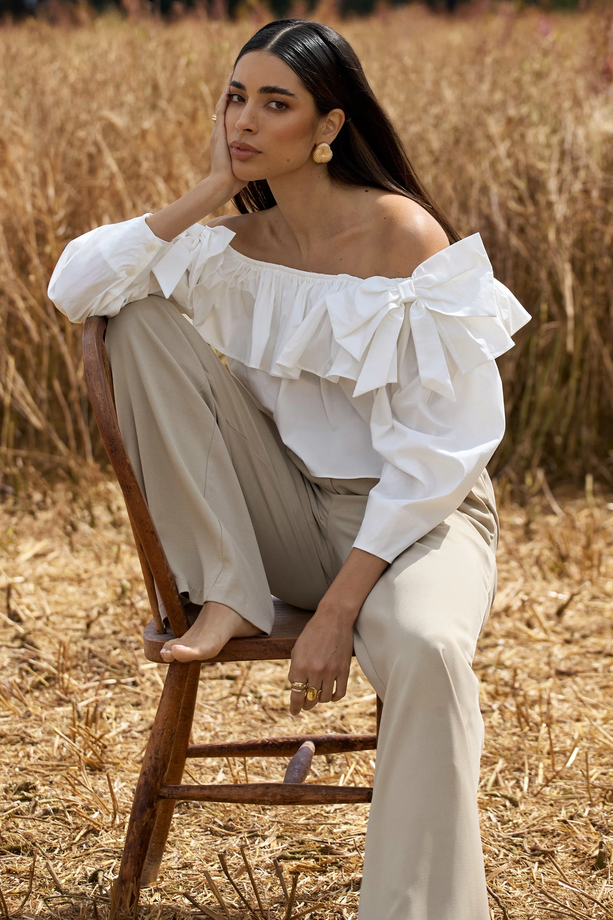 Cove | White Bardot Puff-Sleeve Ruffle Top With Bows - Image 3