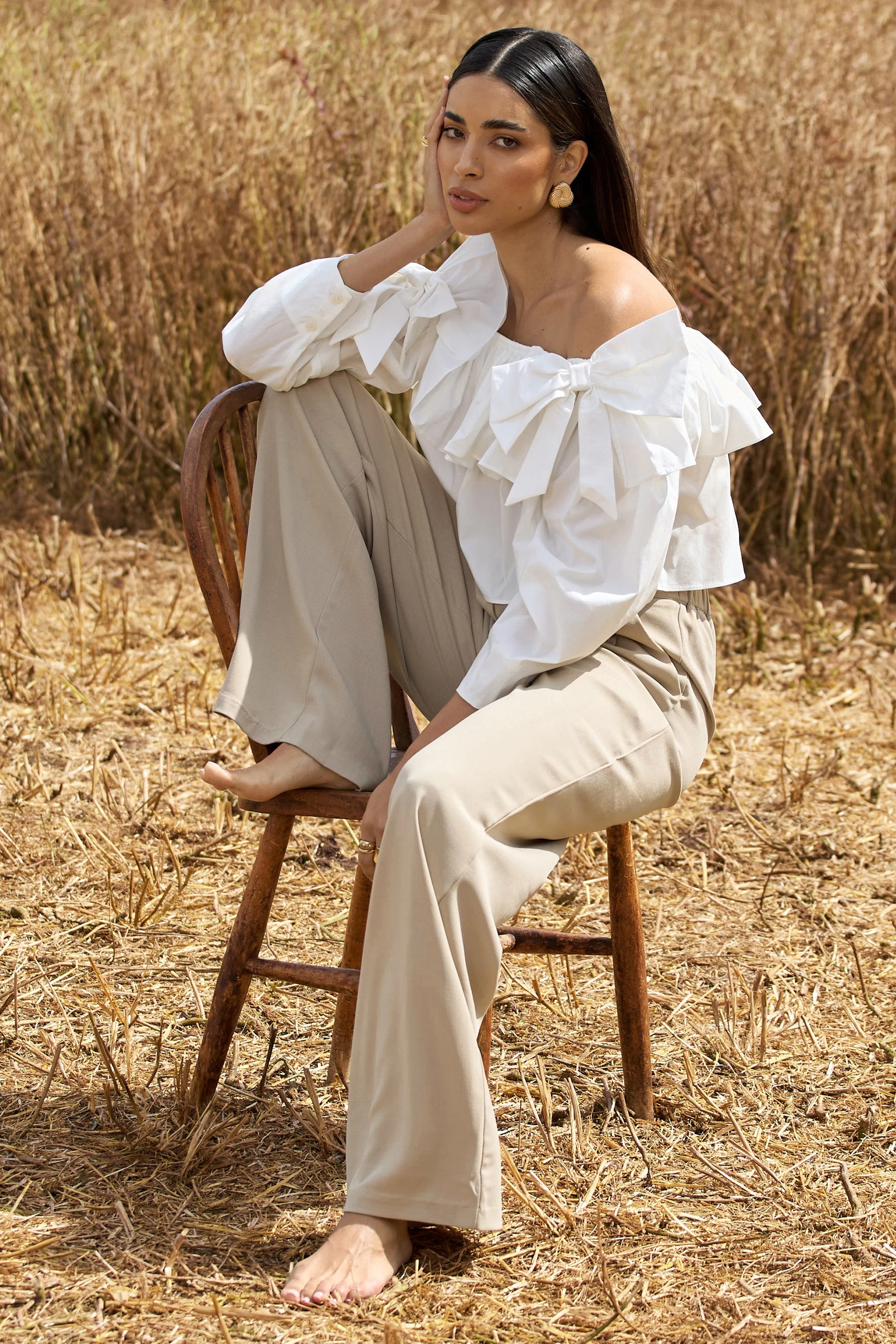Cove | White Bardot Puff-Sleeve Ruffle Top With Bows - Image 4