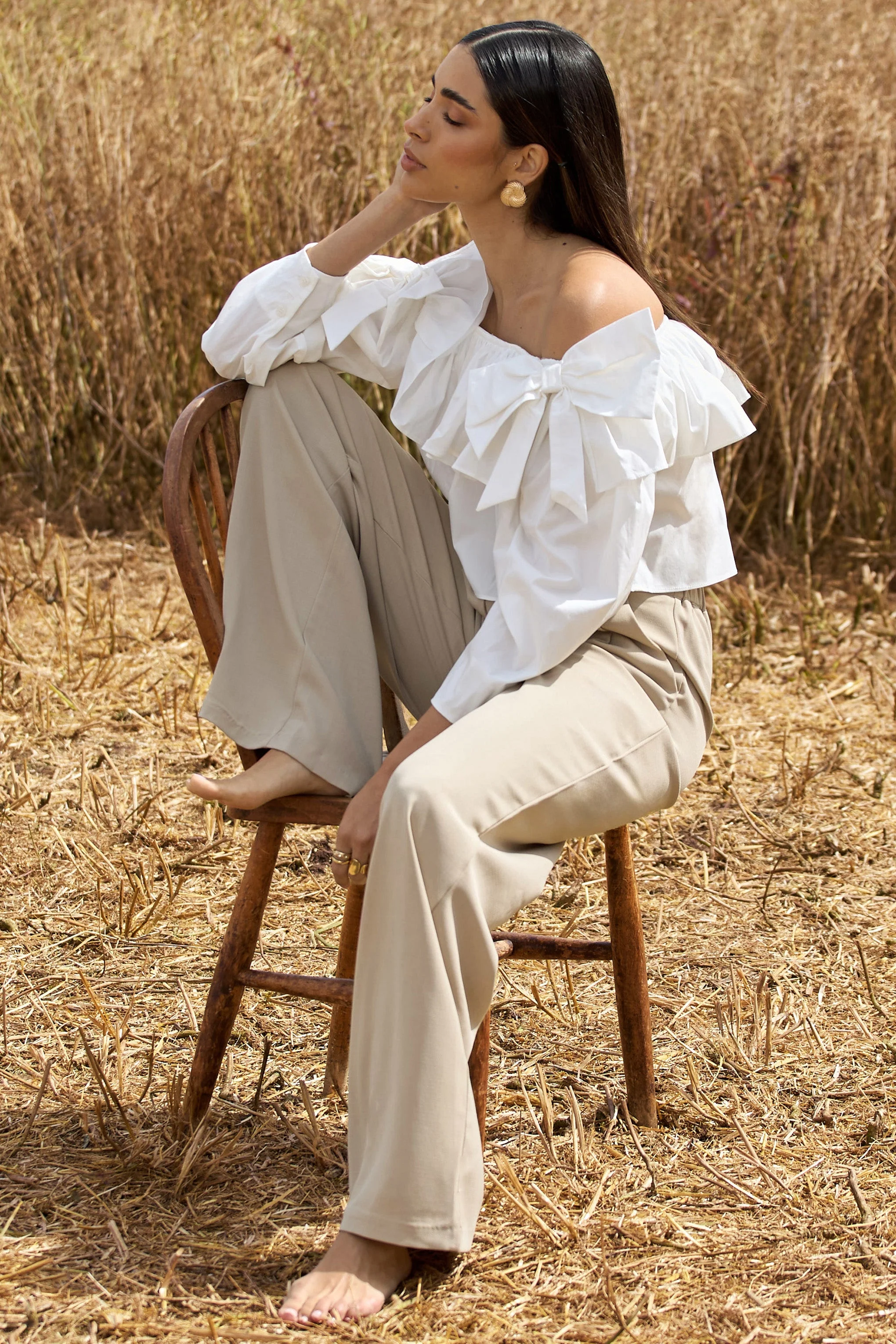 Cove | White Bardot Puff-Sleeve Ruffle Top With Bows - Image 5