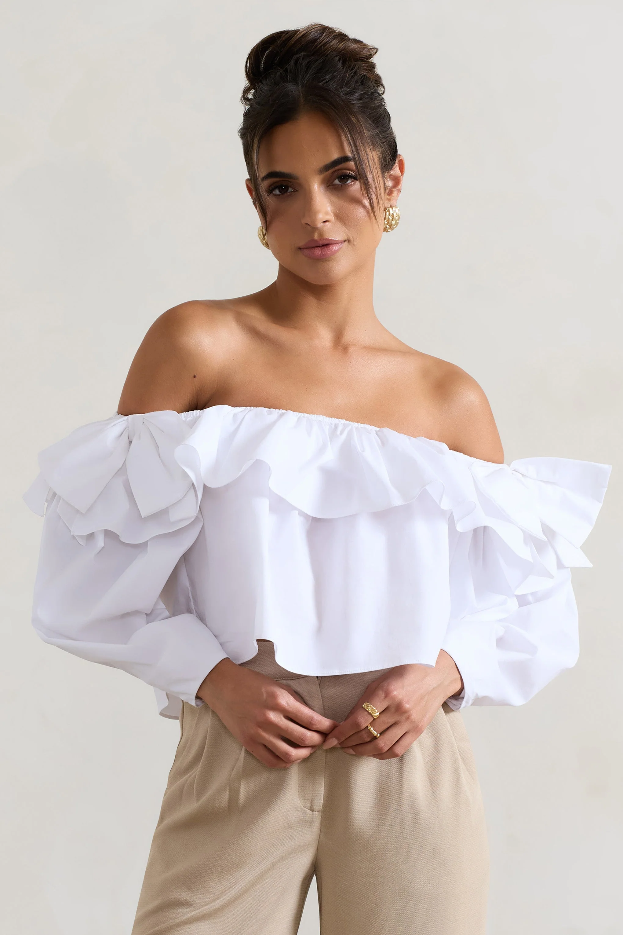 Cove | White Bardot Puff-Sleeve Ruffle Top With Bows - Image 6
