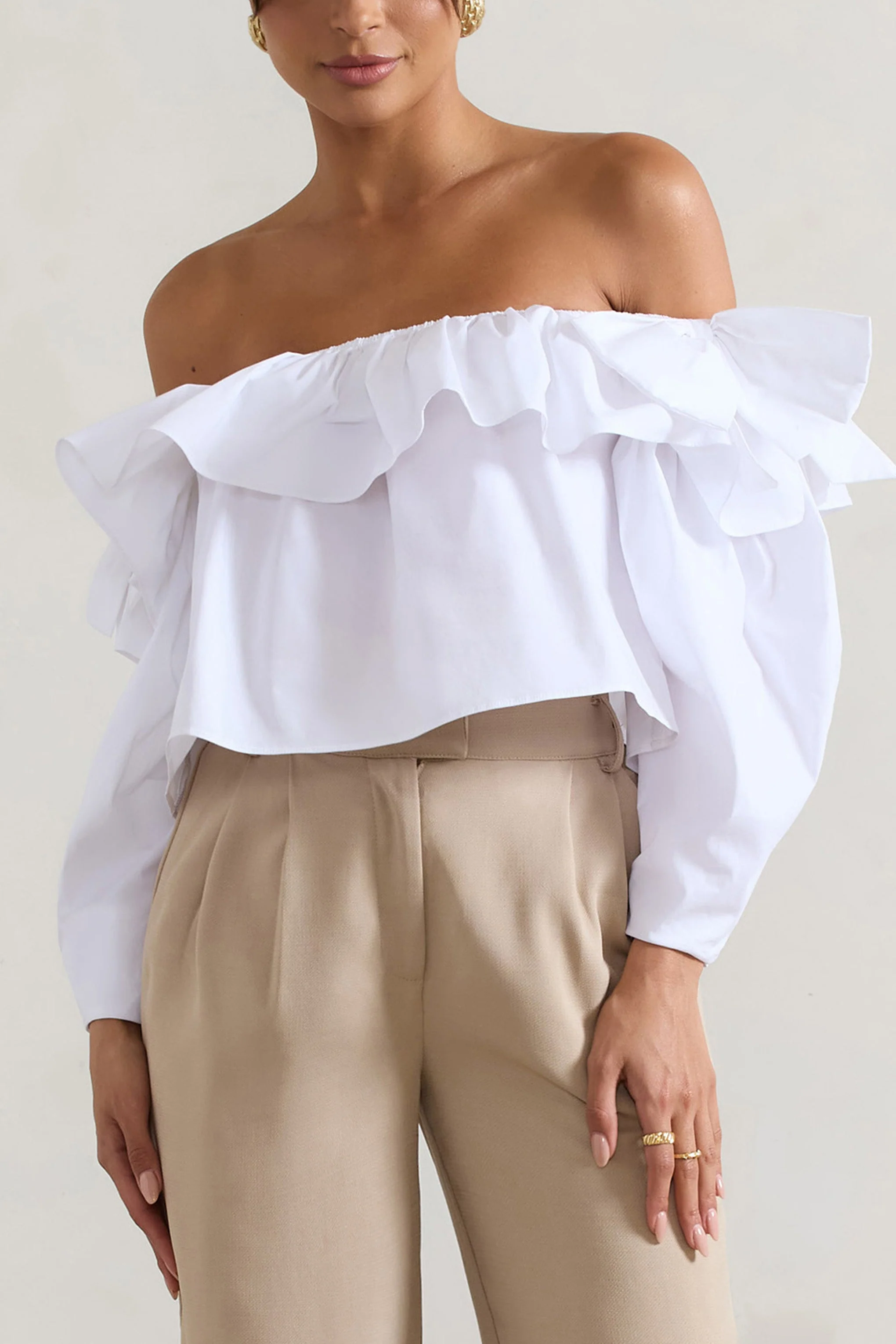 Cove | White Bardot Puff-Sleeve Ruffle Top With Bows - Image 8