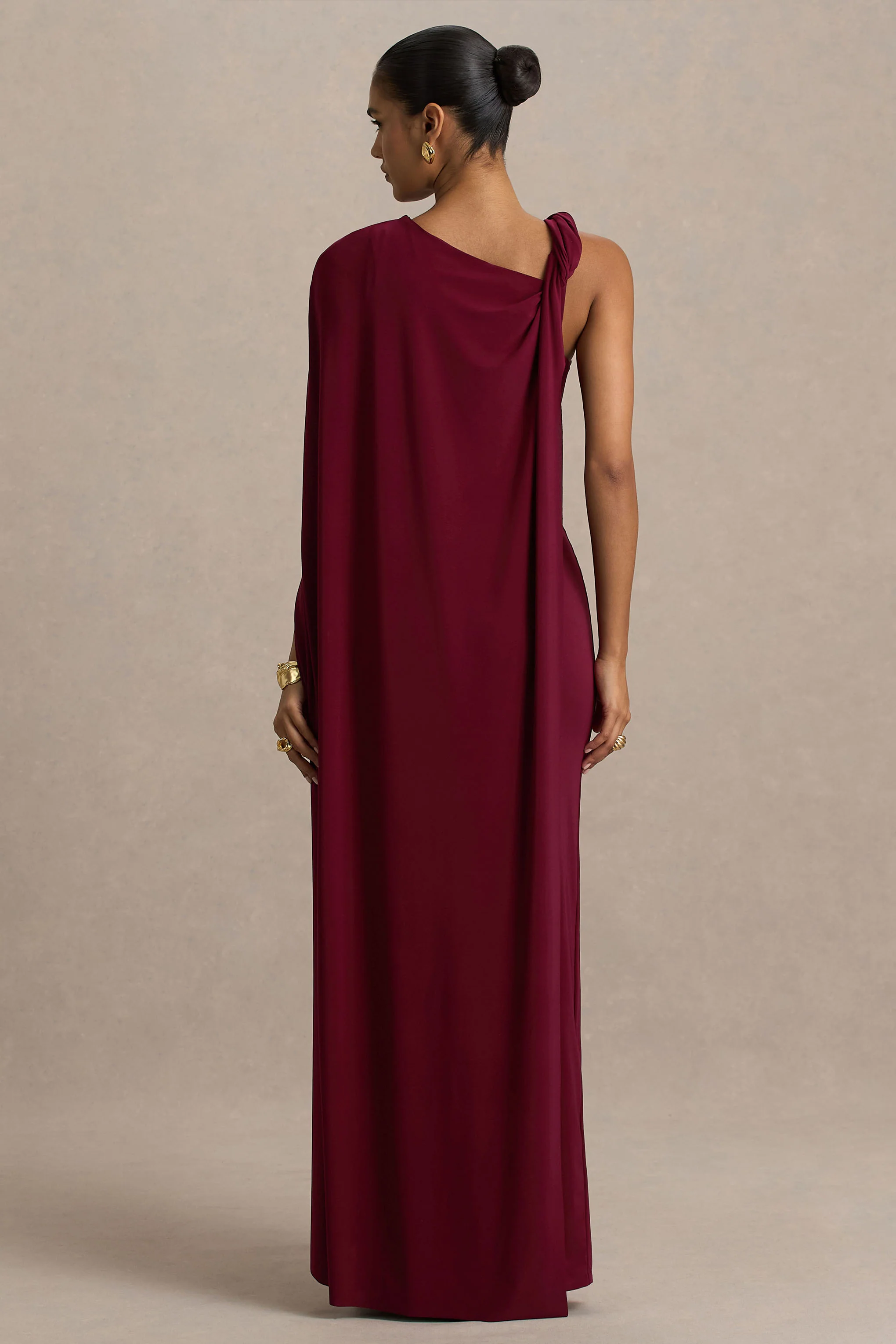 Cressida | Burgundy Asymmetric-Neck Maxi Dress With Cape And Gold Detail - Image 2