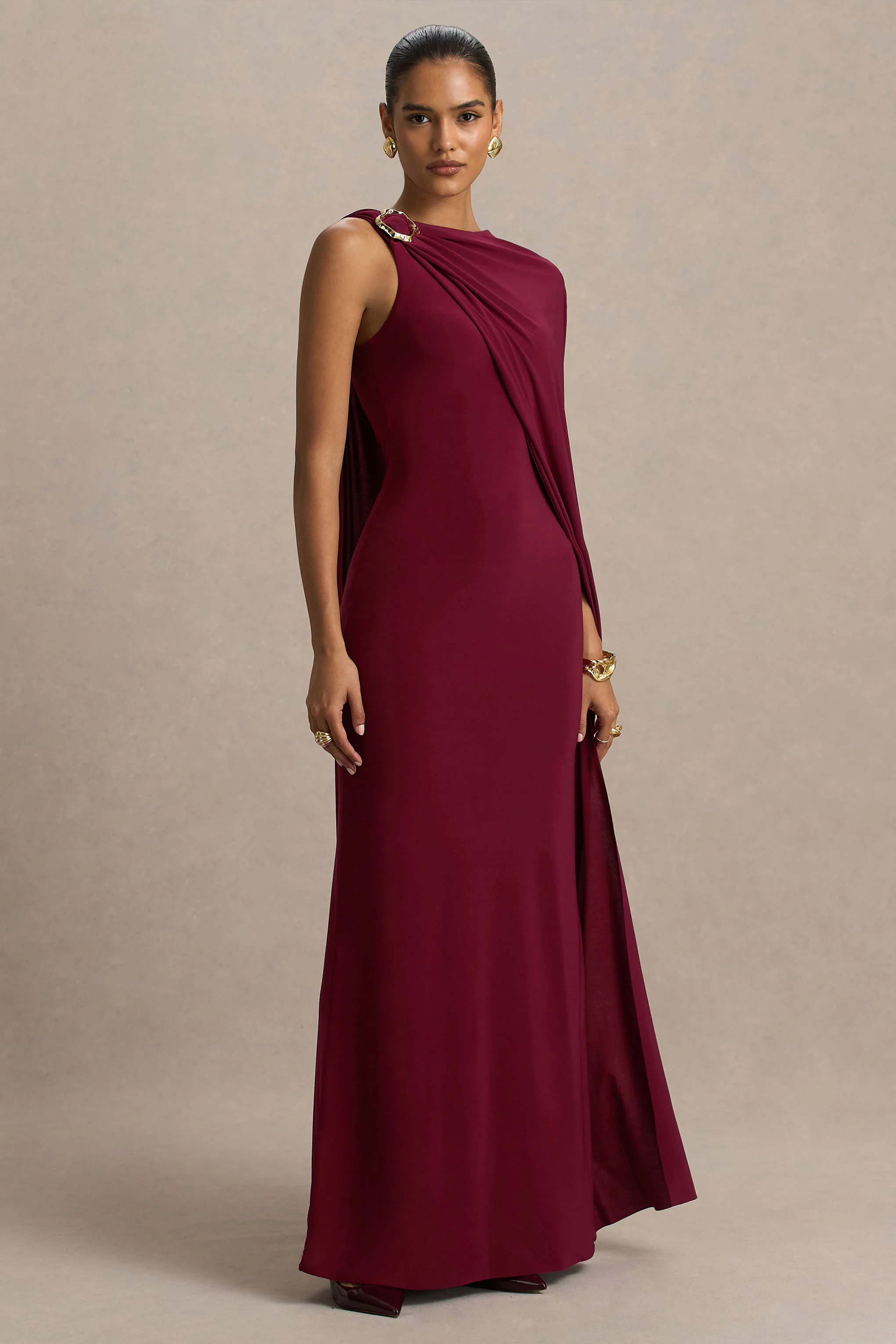 Cressida | Burgundy Asymmetric-Neck Maxi Dress With Cape And Gold Detail - Image 4