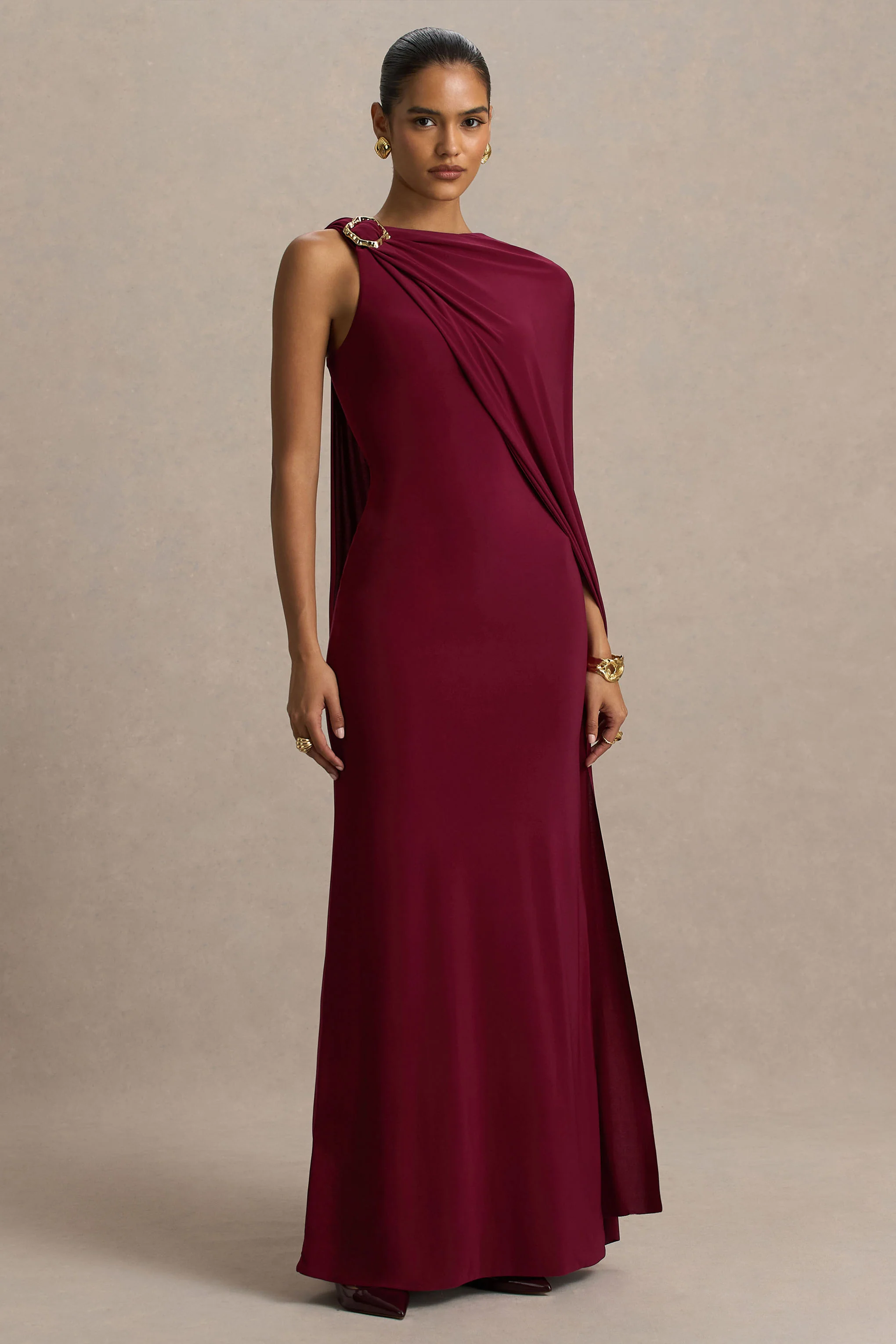 Cressida | Burgundy Asymmetric-Neck Maxi Dress With Cape And Gold Detail - Image 5