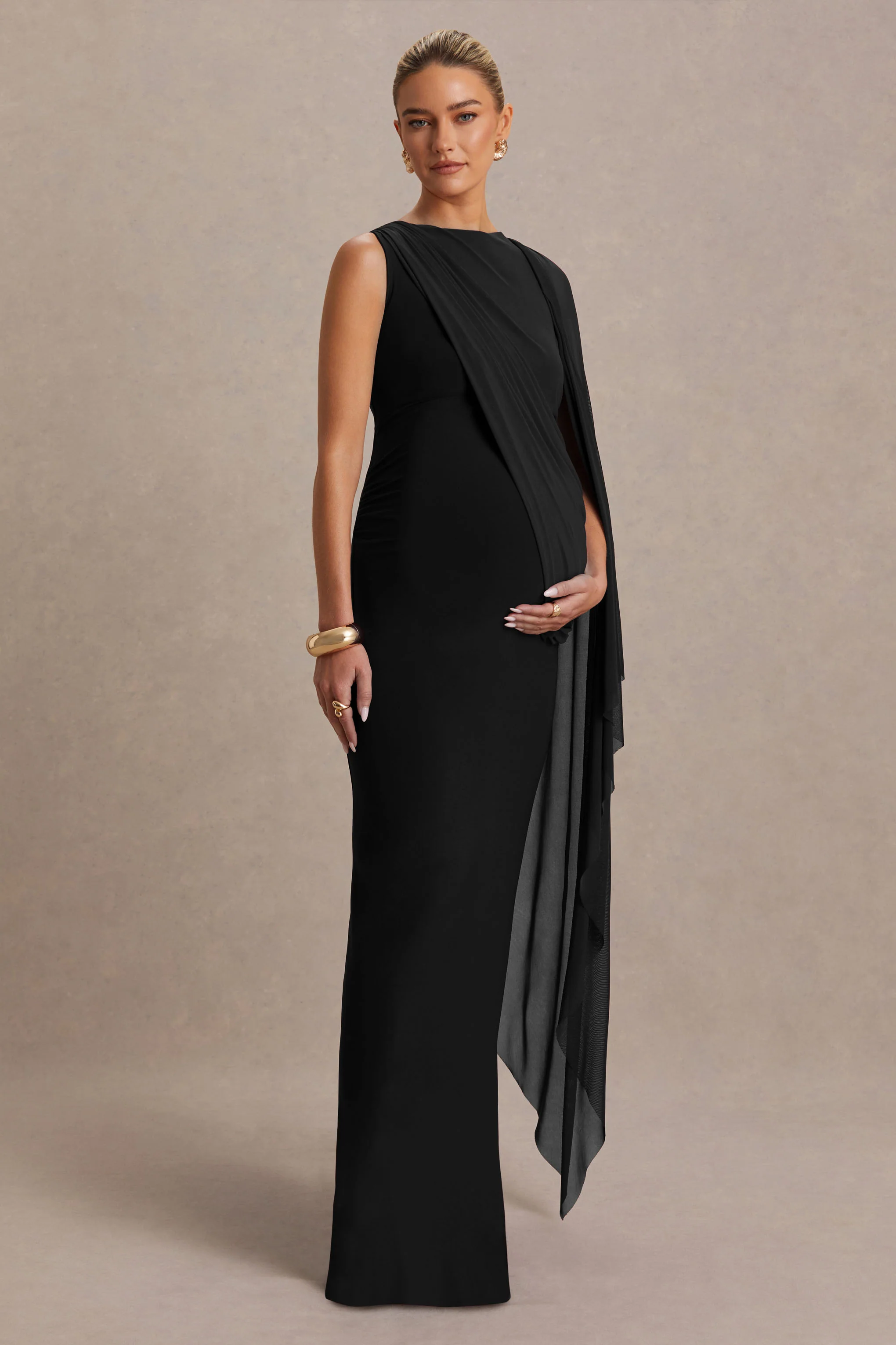 Cristina | Black High-Neck Maternity Maxi Dress With Cape-Sleeve - Image 4