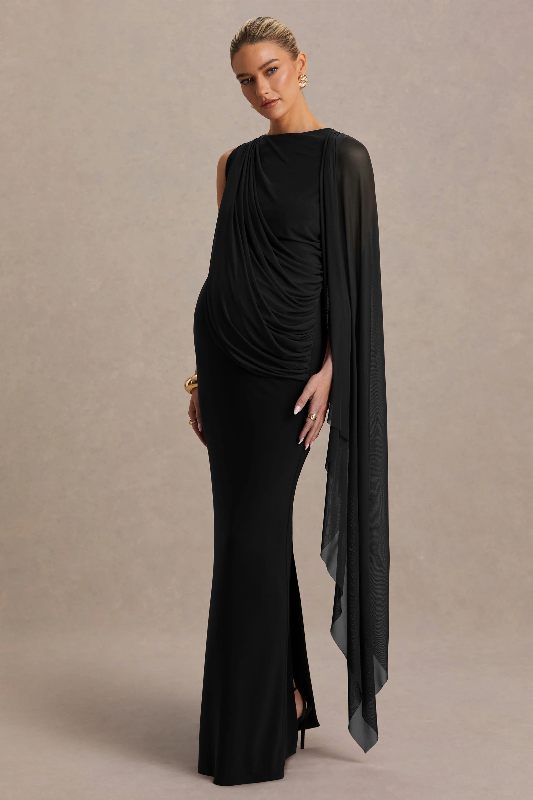 Cristina | Black High-Neck Maternity Maxi Dress With Cape-Sleeve - Image 5