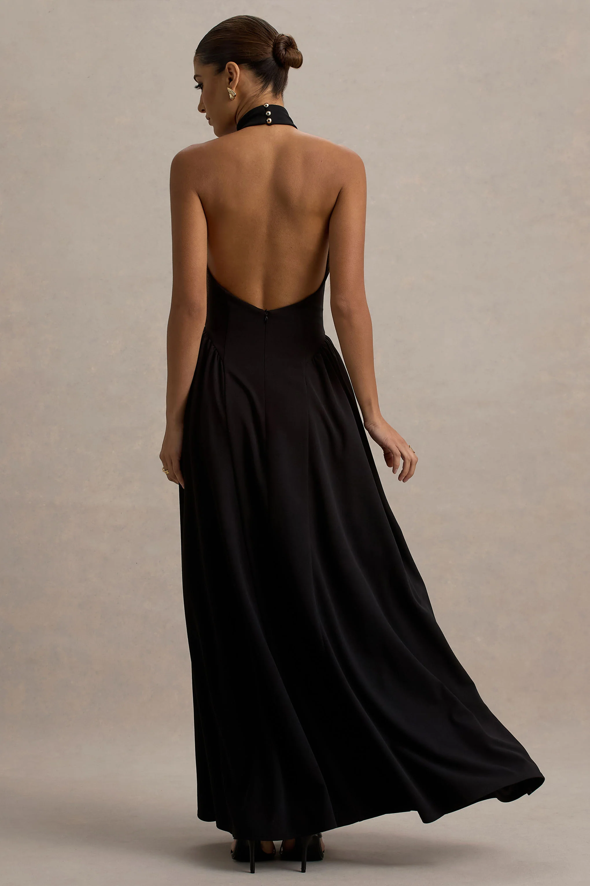 Cynthia | Black High-Neck Maxi Dress With Volume Skirt - Image 2
