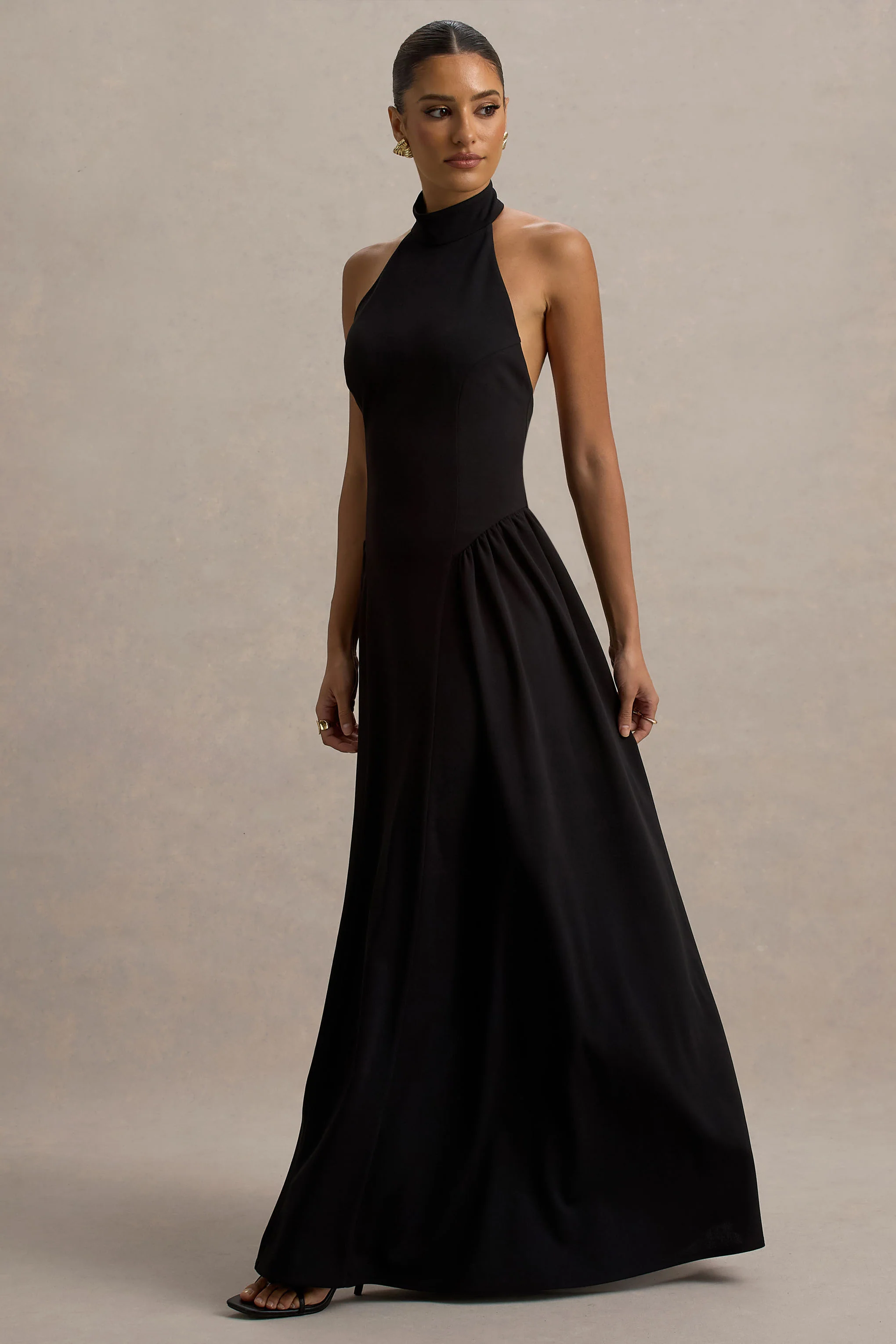 Cynthia | Black High-Neck Maxi Dress With Volume Skirt - Image 4