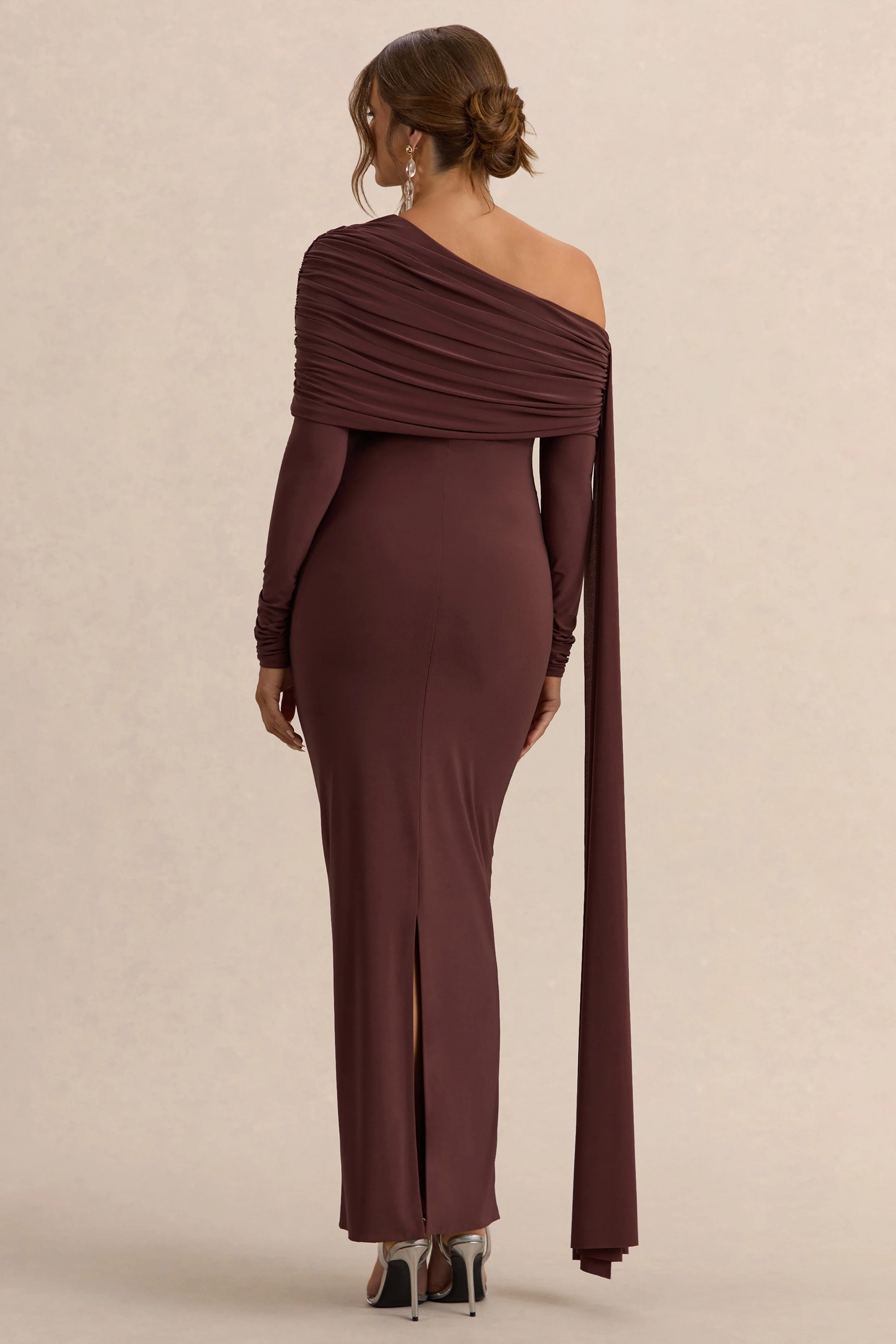 Cyra | Brown Asymmetric-Neck Maternity Maxi Dress With Sash - Image 2