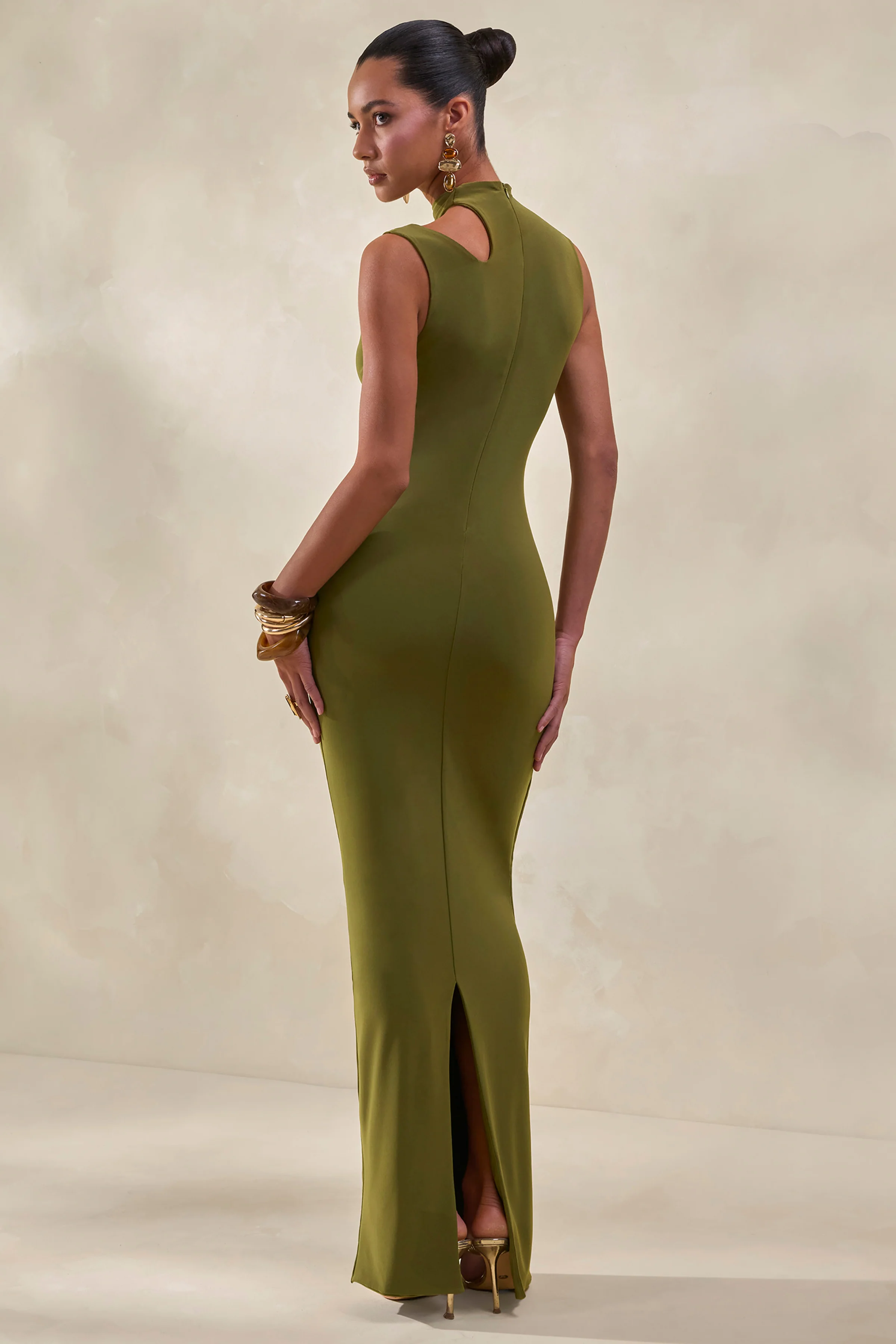 Cyrilla | Green High-Neck Midi Dress With Gold-Detail - Image 2