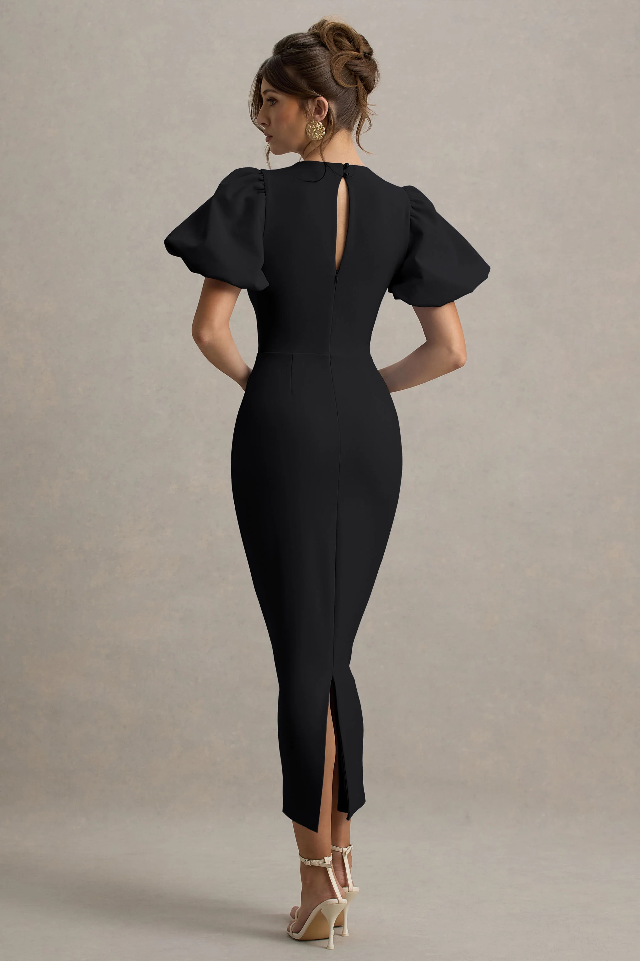 Dakota | Black Puff-Sleeve Midi Dress - Image 2