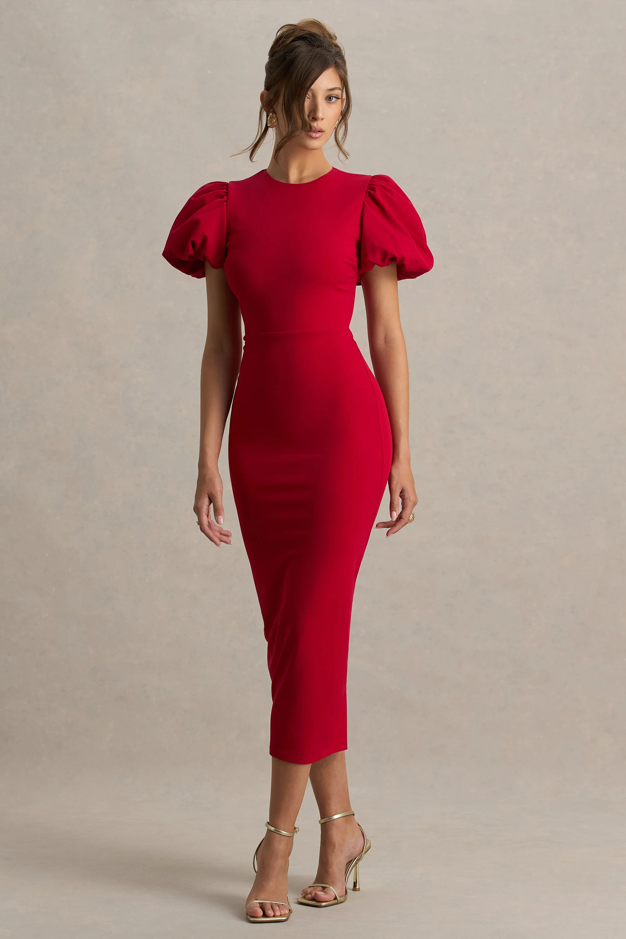 Dakota | Red Puff-Sleeve Midi Dress - Image 3