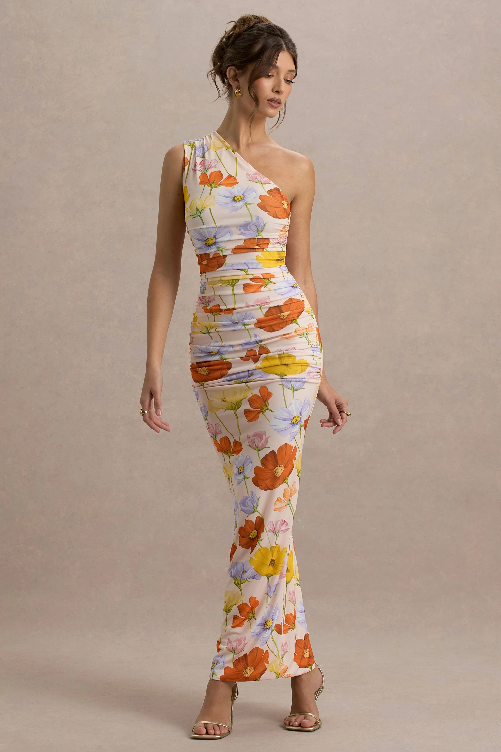 Dalarie | Bright Floral Print One-Shoulder Gathered Maxi Dress - Image 3