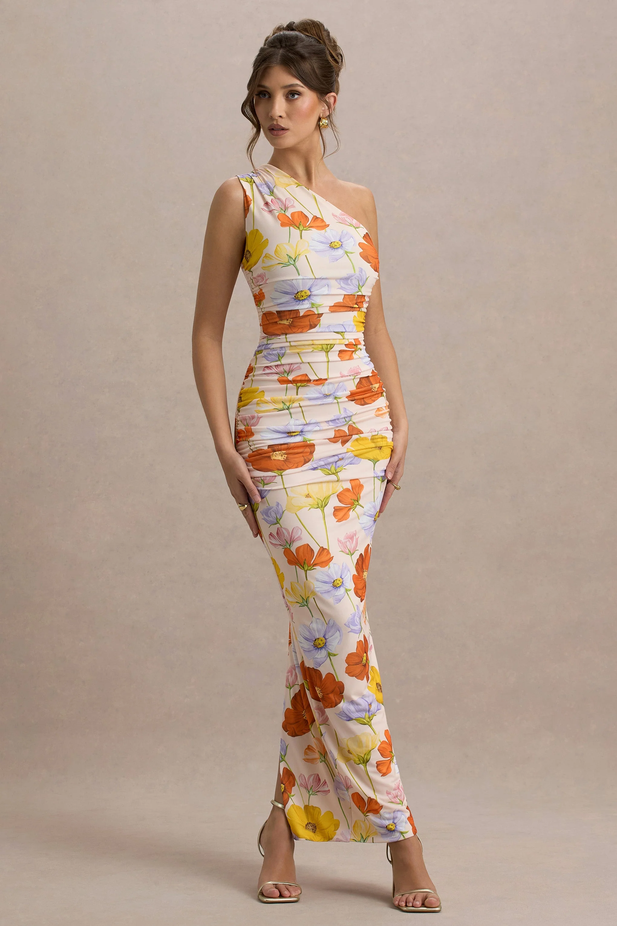 Dalarie | Bright Floral Print One-Shoulder Gathered Maxi Dress - Image 4