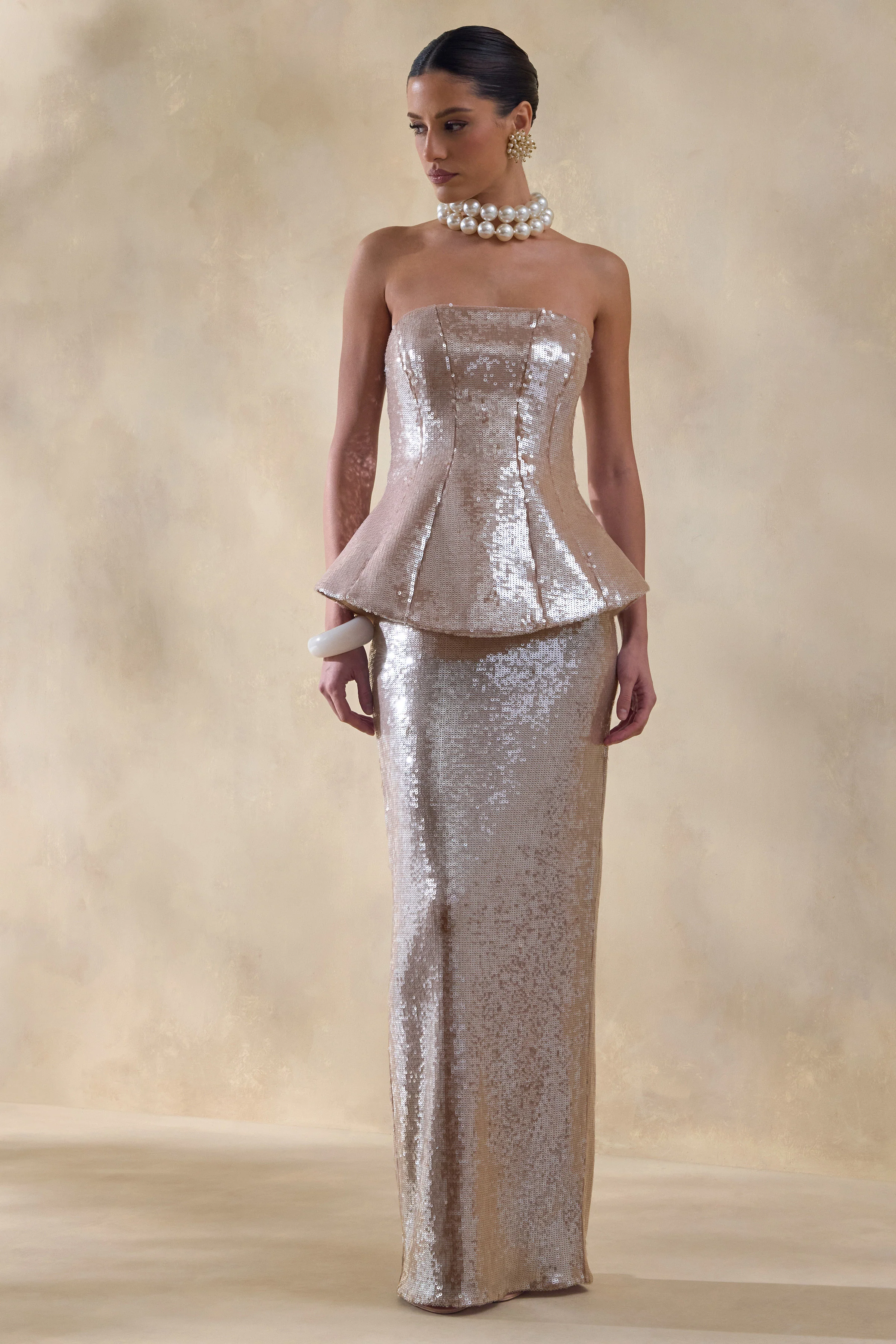 Dalisse | Nude Sequin Bandeau Corset Maxi Dress - Image 5