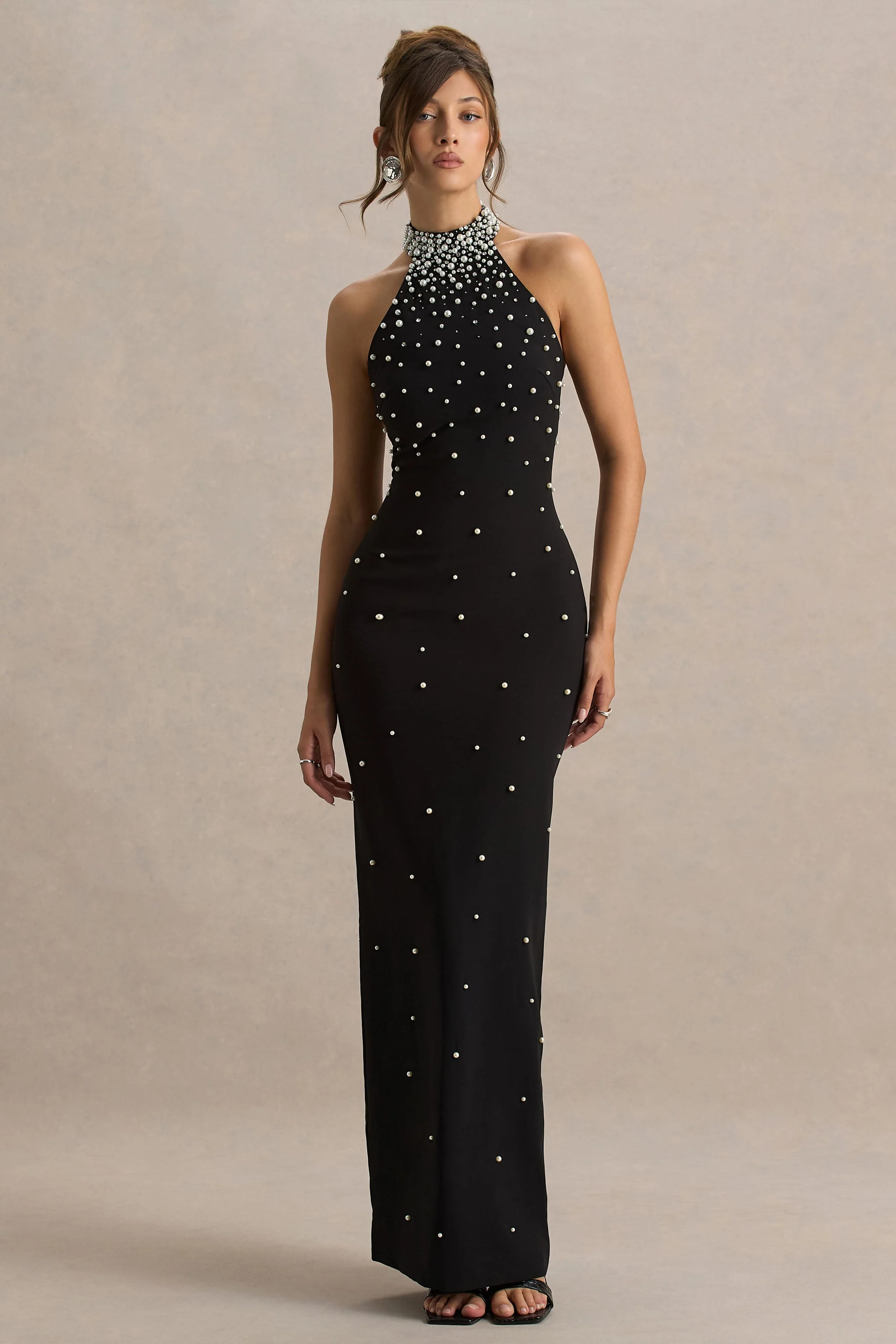 Dani | Black Hand-Embellished Halter-Neck Maxi Dress - Image 3