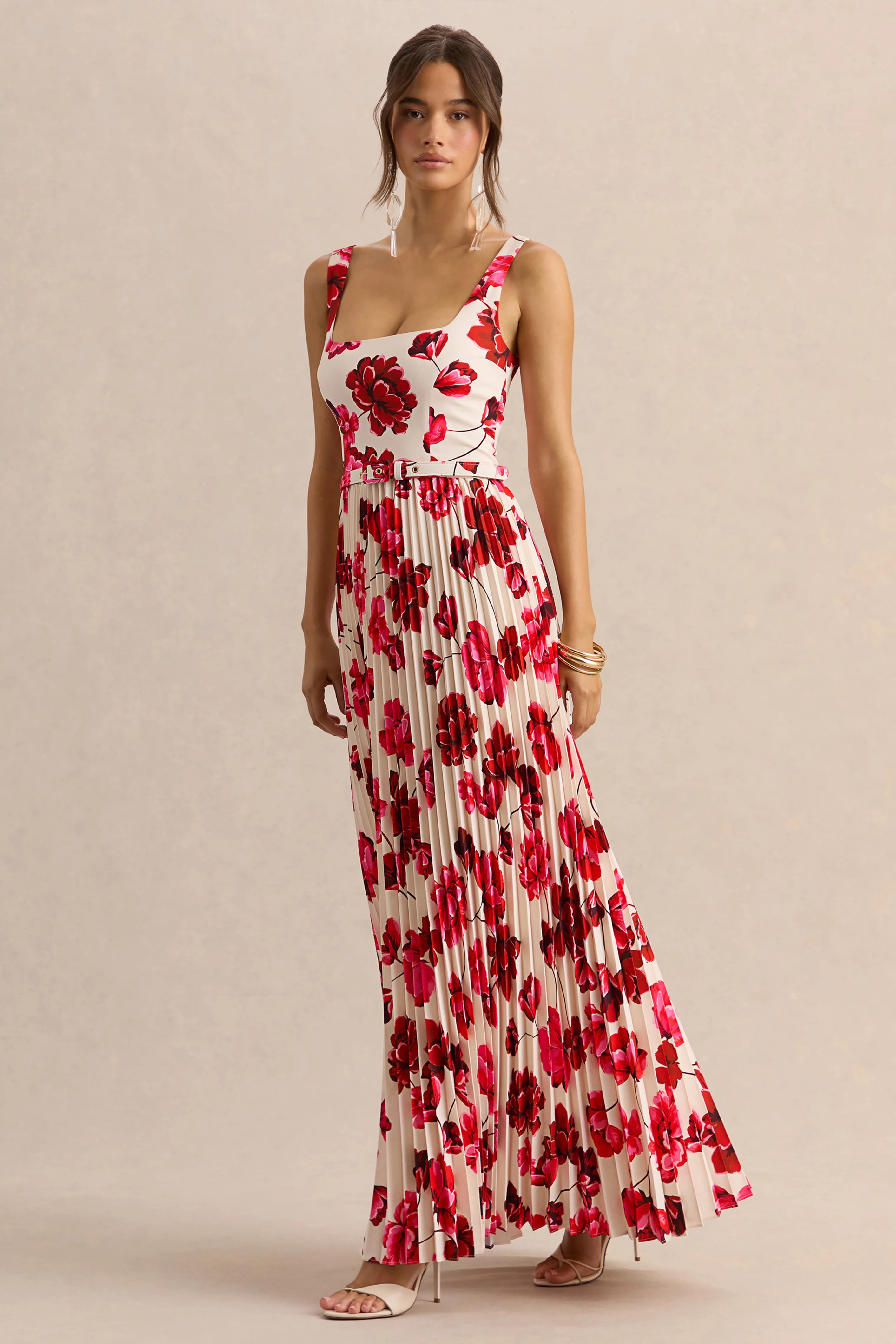 Danika | Hot Pink Floral Print Square-Neck Belted Maxi Dress With Pleated Skirt - Image 5