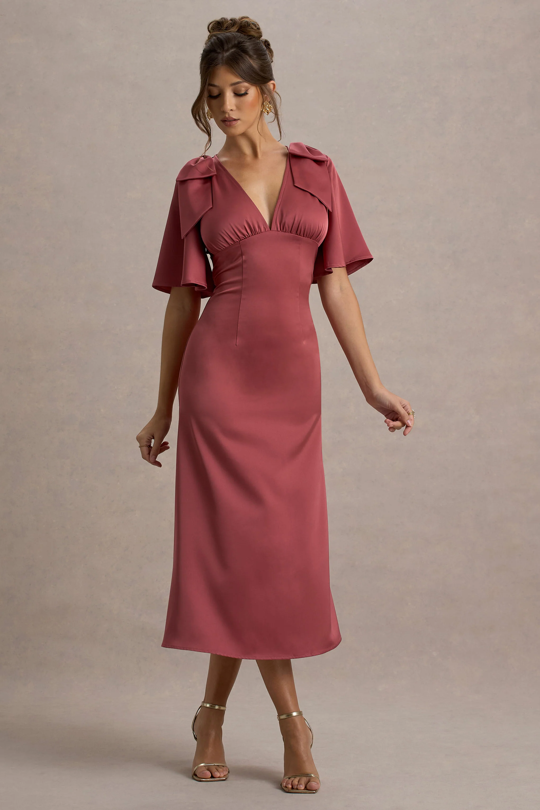Danna | Rose Pink Satin V-Neck Short-Sleeve Midi Dress - Image 6