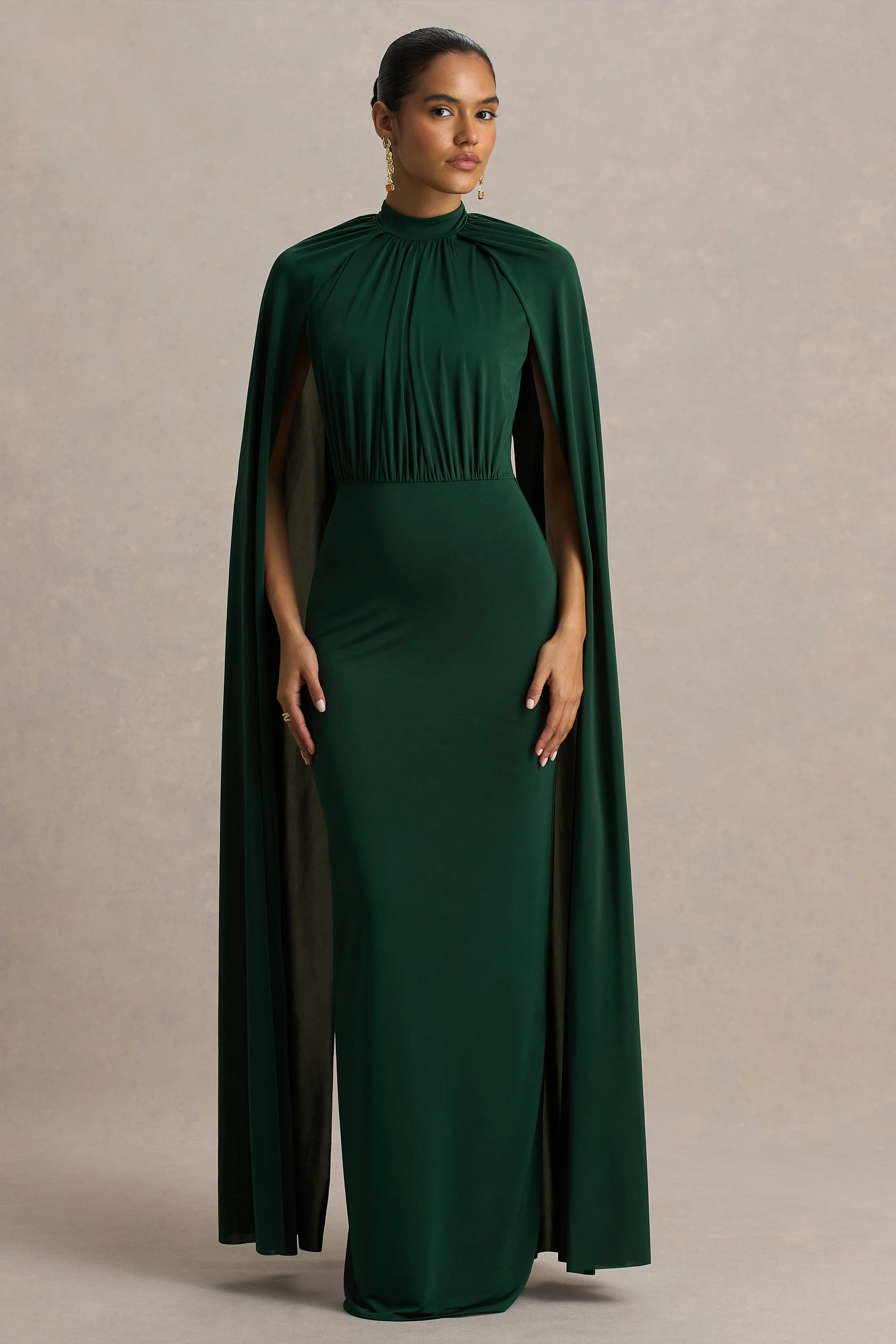 Darielle | Bottle Green High-Neck Cape-Sleeve Maxi Dress - Image 4