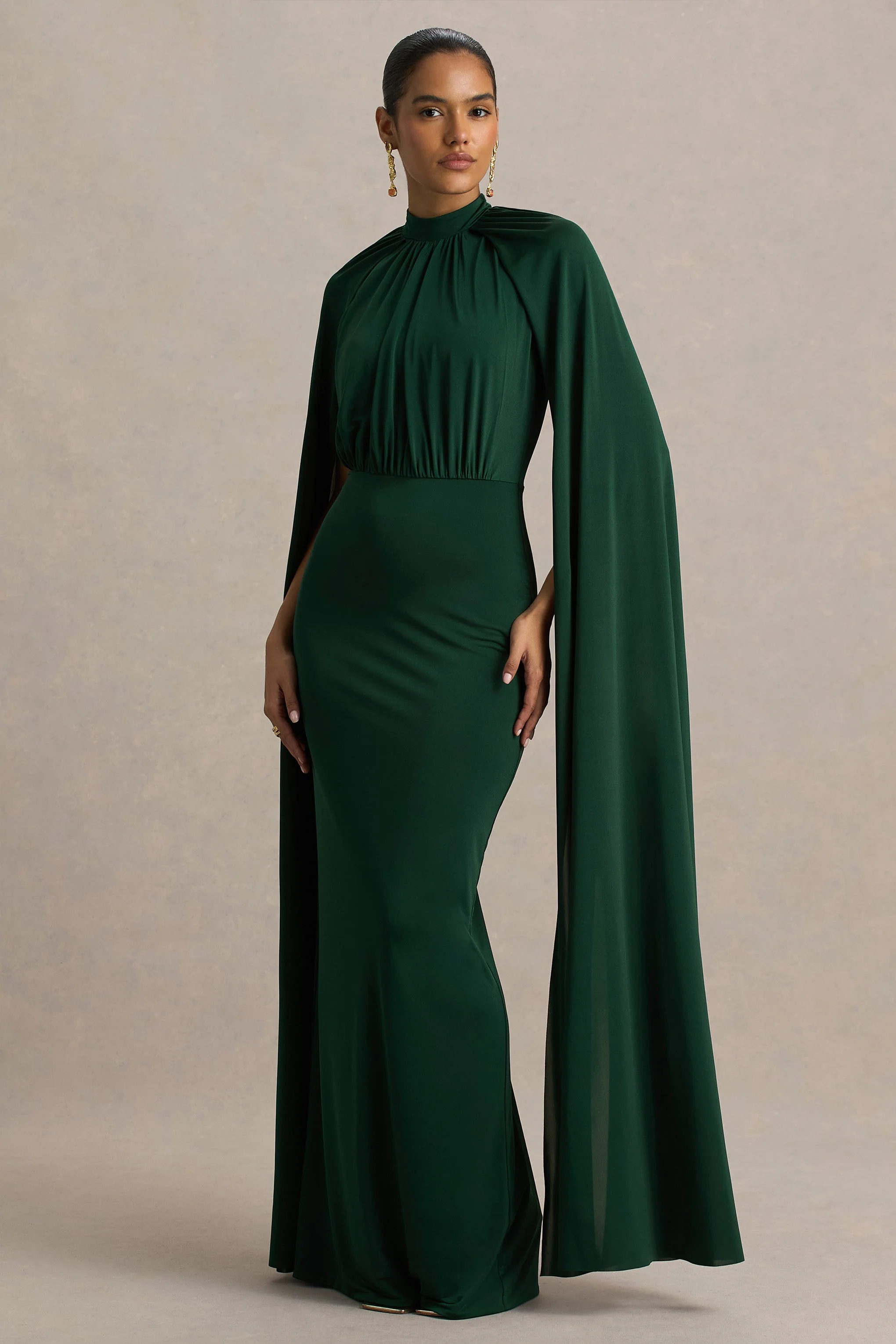Darielle | Bottle Green High-Neck Cape-Sleeve Maxi Dress - Image 5