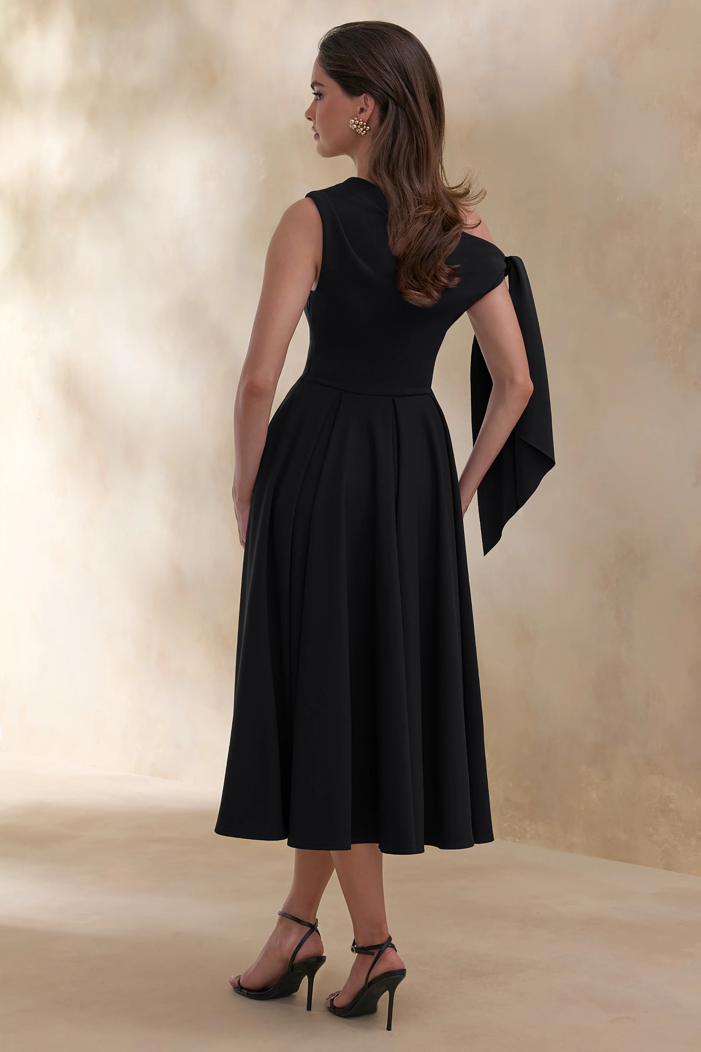 Daring | Black Asymmetric-Neck Midi Dress With Knot-Detail - Image 2