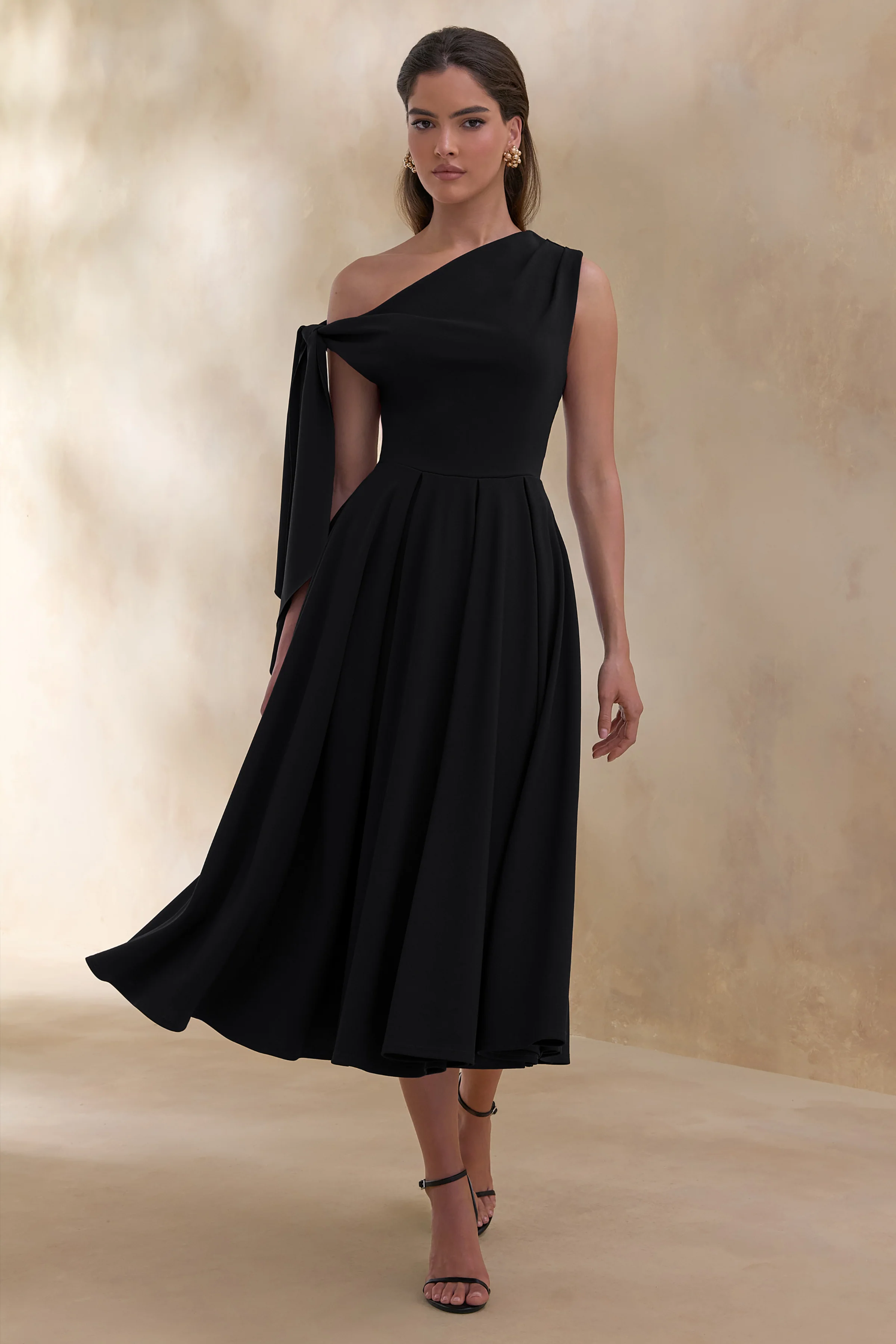 Daring | Black Asymmetric-Neck Midi Dress With Knot-Detail - Image 4