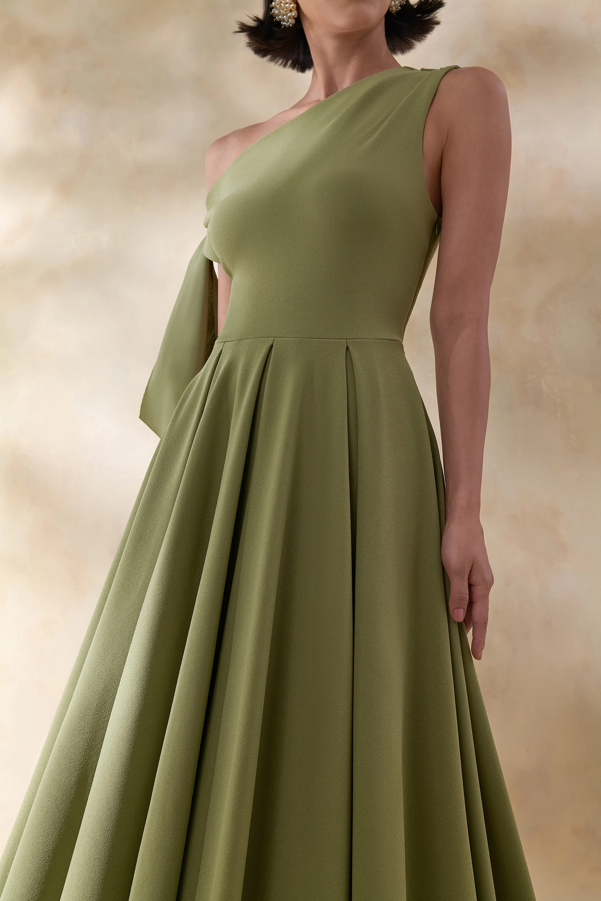 Daring | Olive Asymmetric-Neck Midi Dress With Knot-Detail - Image 7
