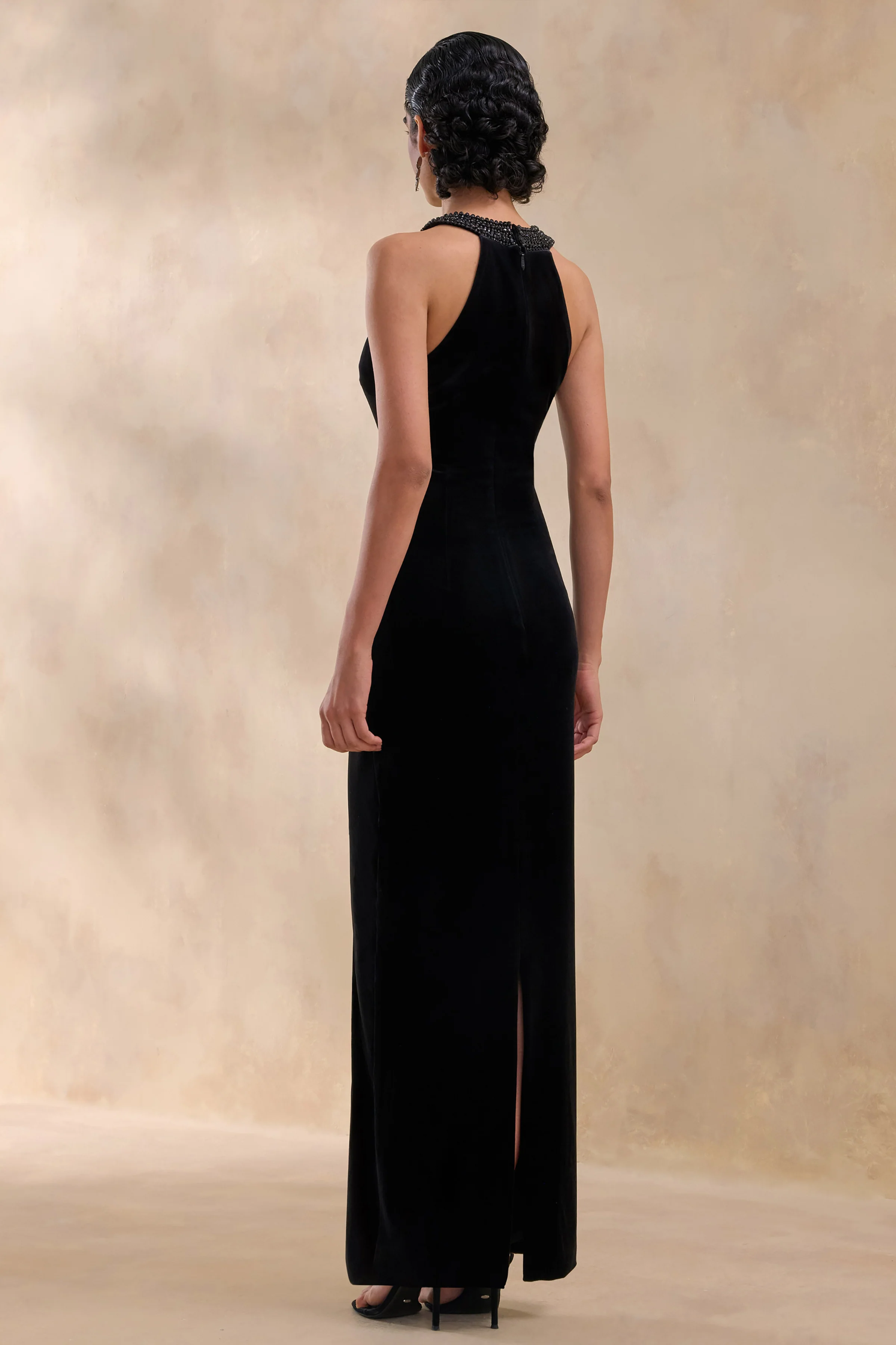 Darya | Black Velvet Embellished High-Neck Maxi Dress - Image 2