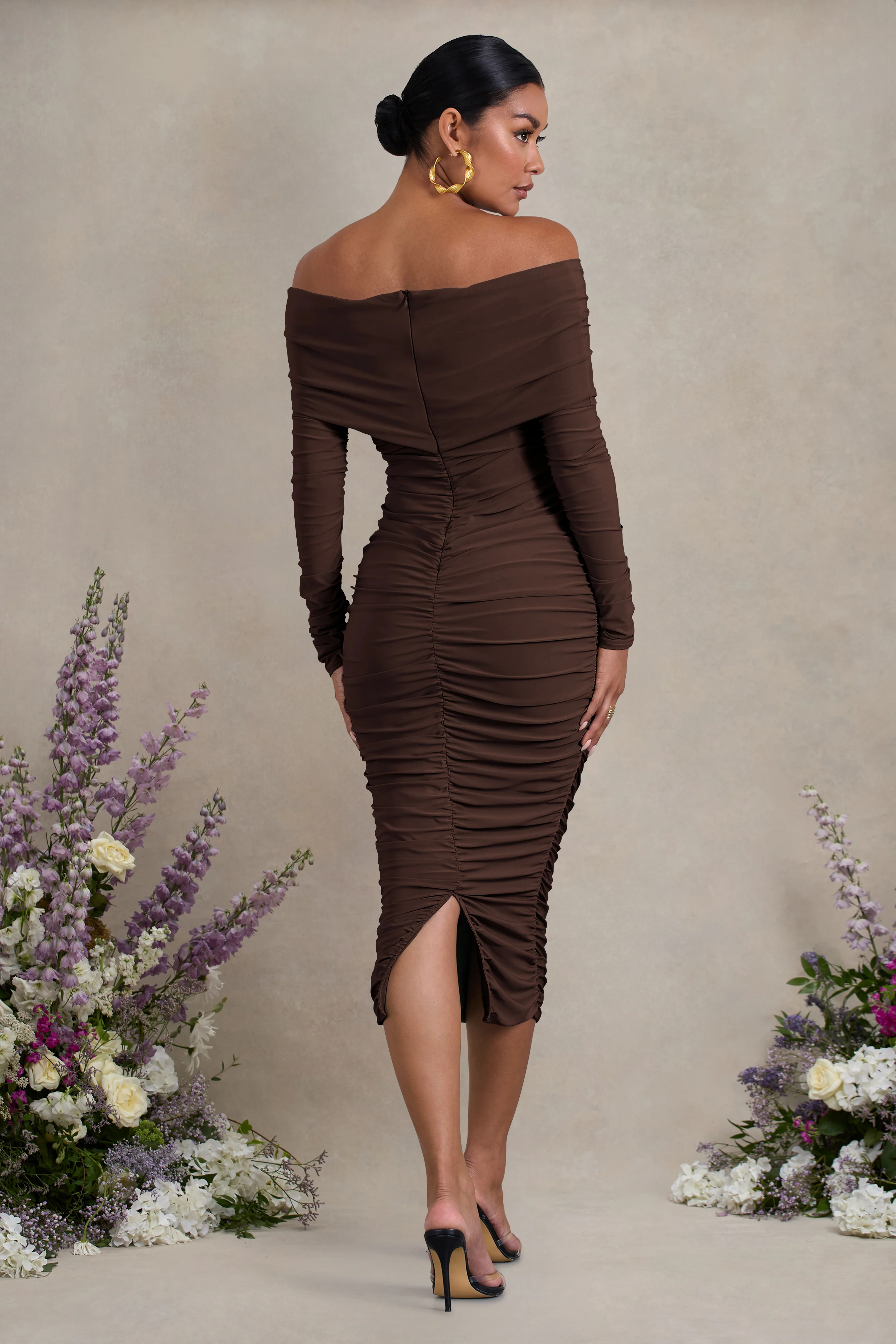 Davina | Brown Ruched Twist Bardot Maternity Midi Dress - Image 2