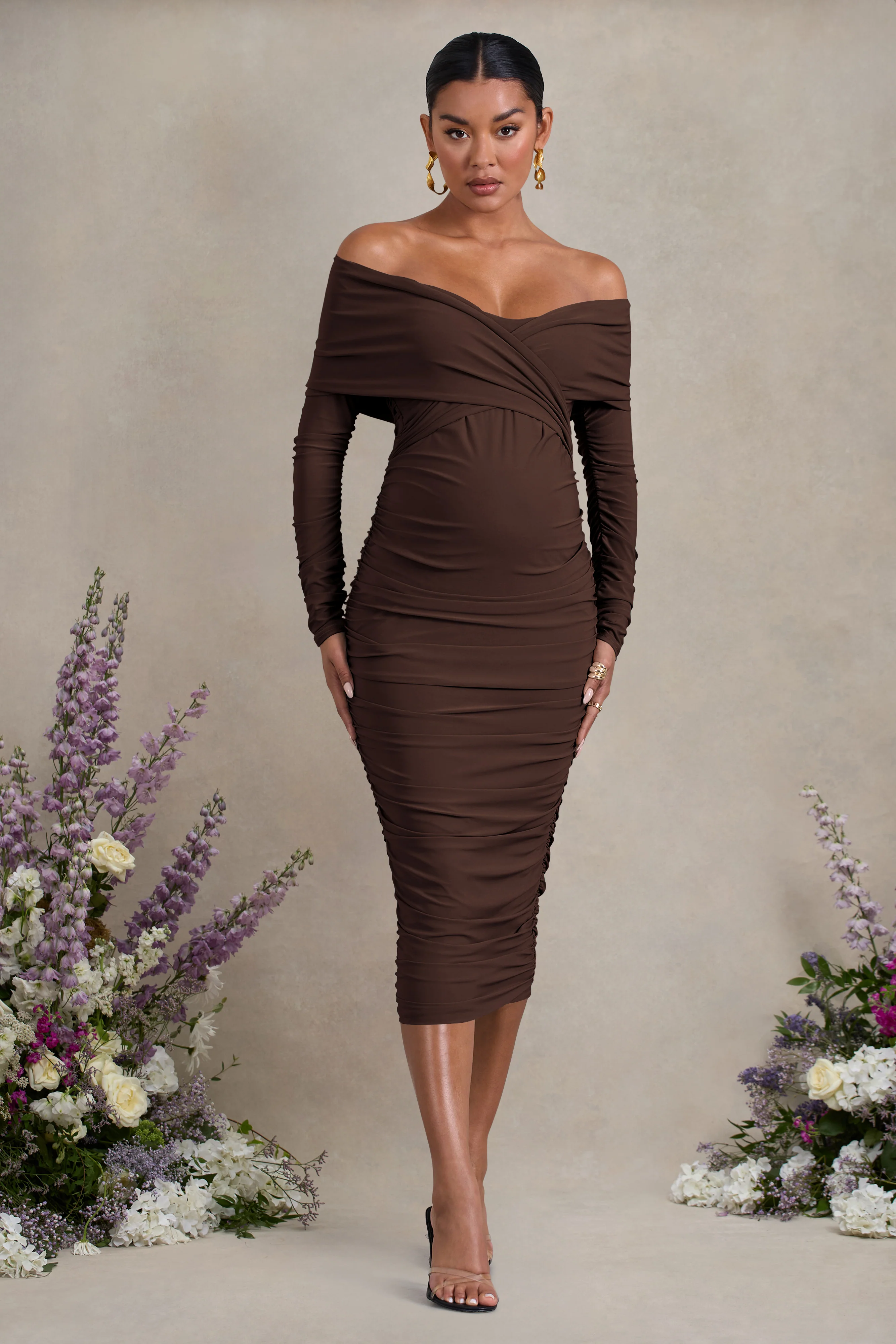 Davina | Brown Ruched Twist Bardot Maternity Midi Dress - Image 4