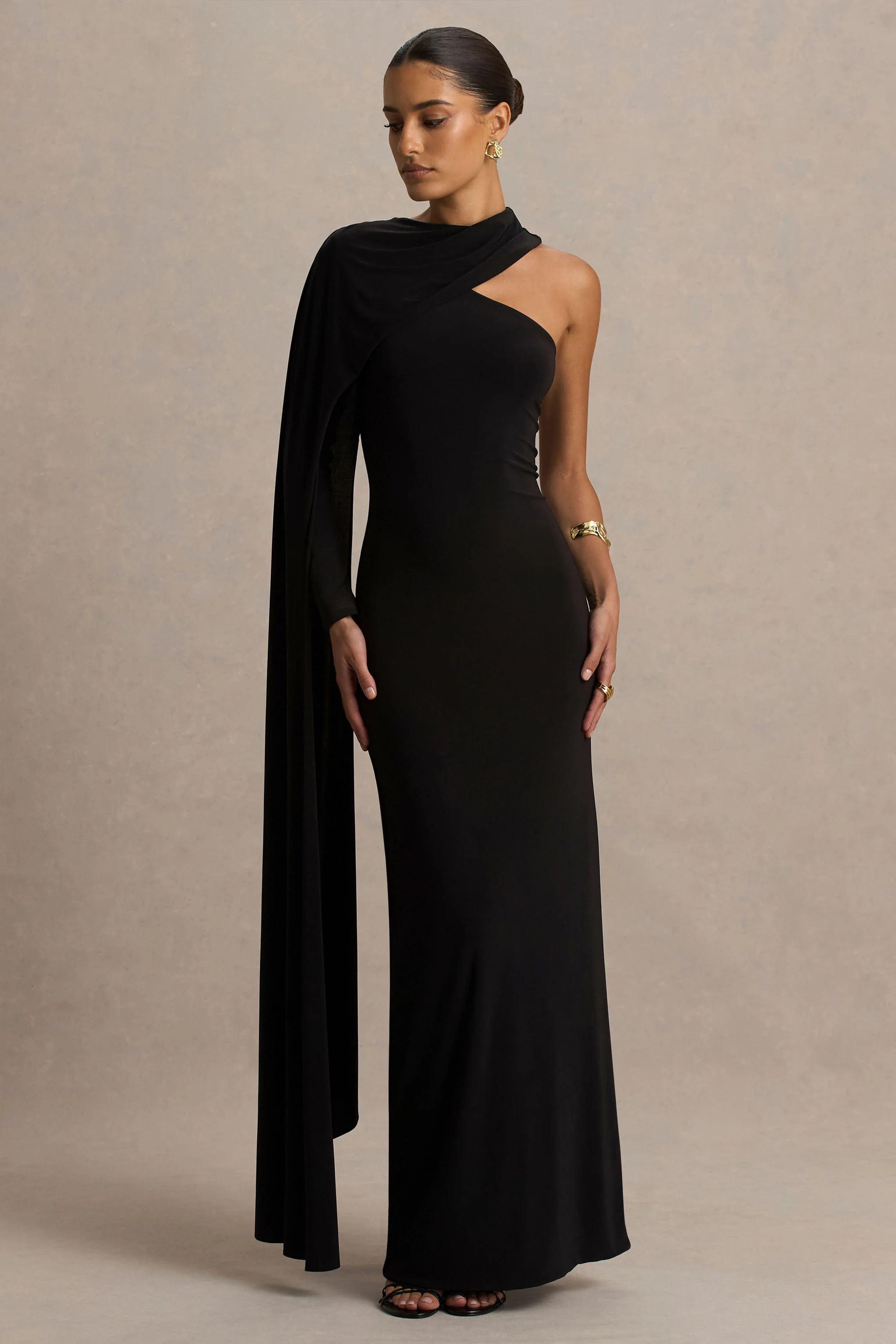 Dawn | Black High-Neck Maxi Dress With One Long Cape-Sleeve