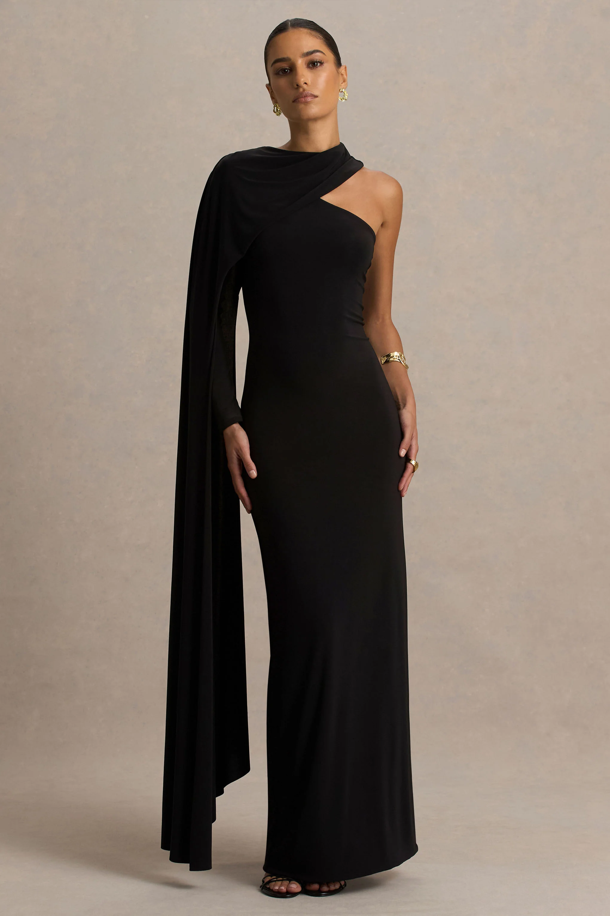 Dawn | Black High-Neck Maxi Dress With One Long Cape-Sleeve - Image 5