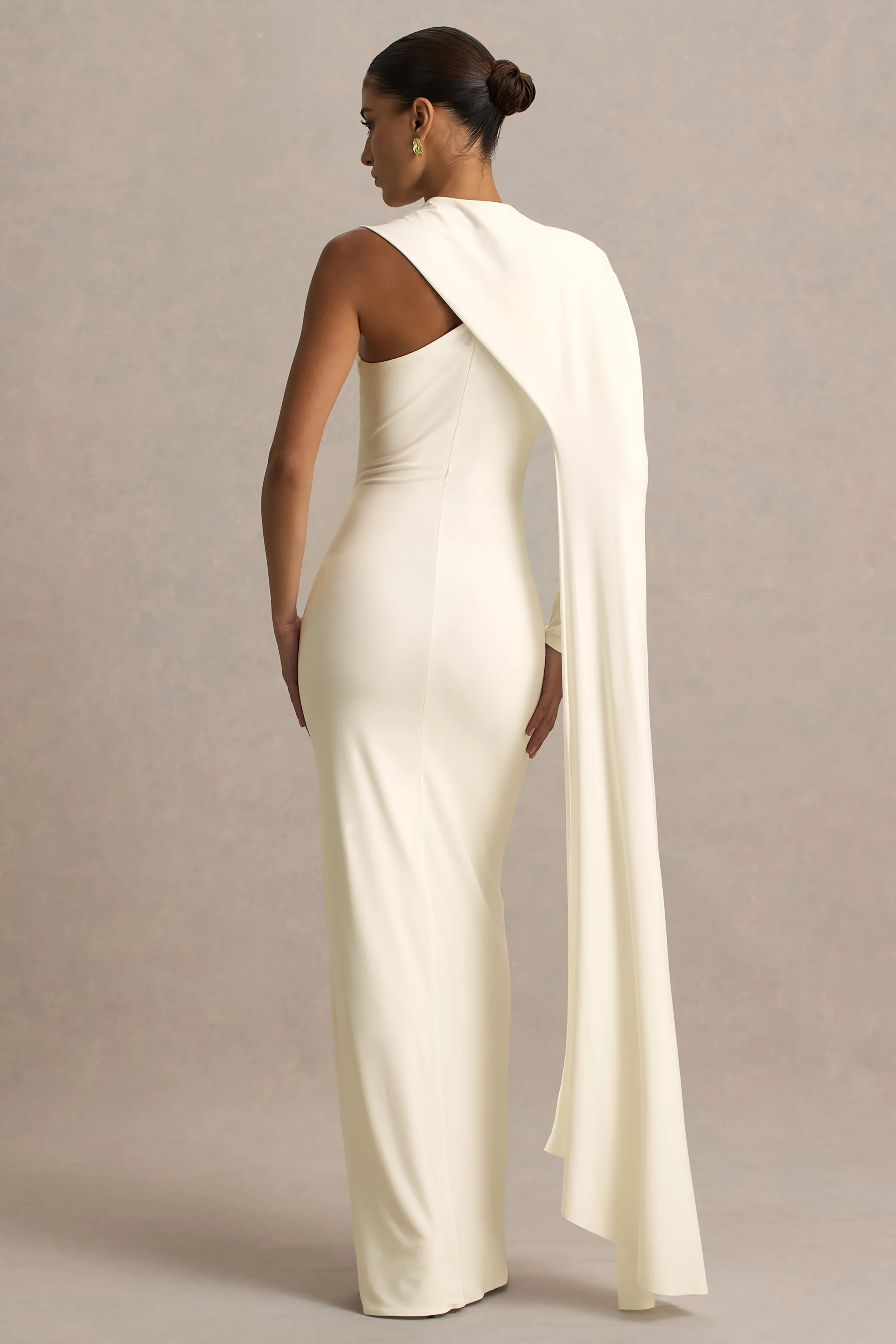 Dawn | Cream High-Neck Maxi Dress With One Long Cape-Sleeve - Image 2