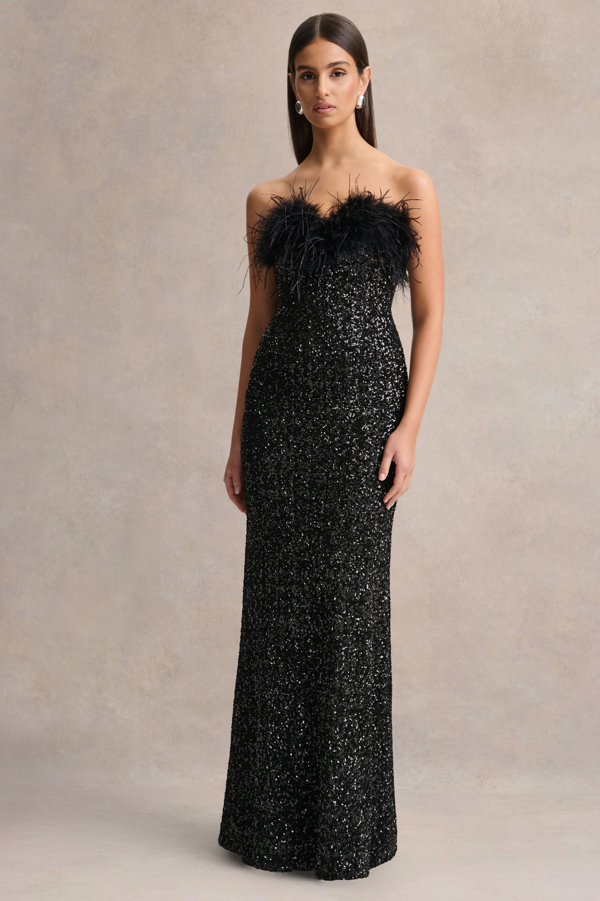 Daze | Black Sequin Bandeau Maxi Dress With Feather-Trim - Image 3