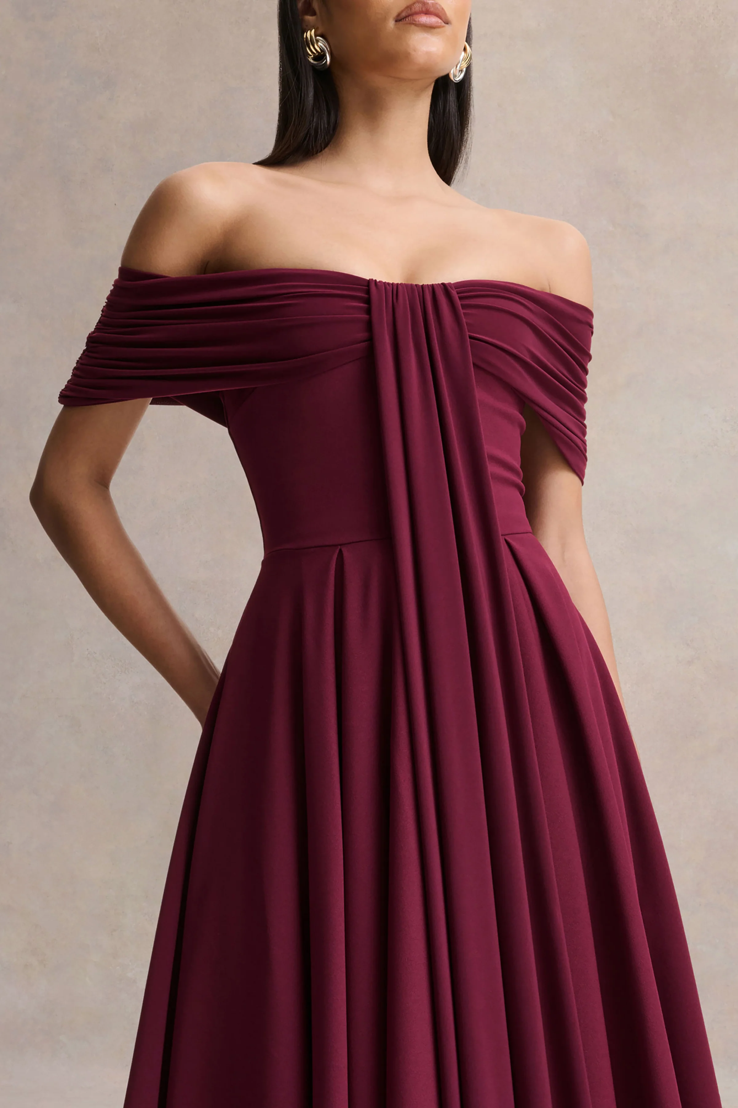Dearest | Burgundy Bardot-Neck Midi Dress - Image 3