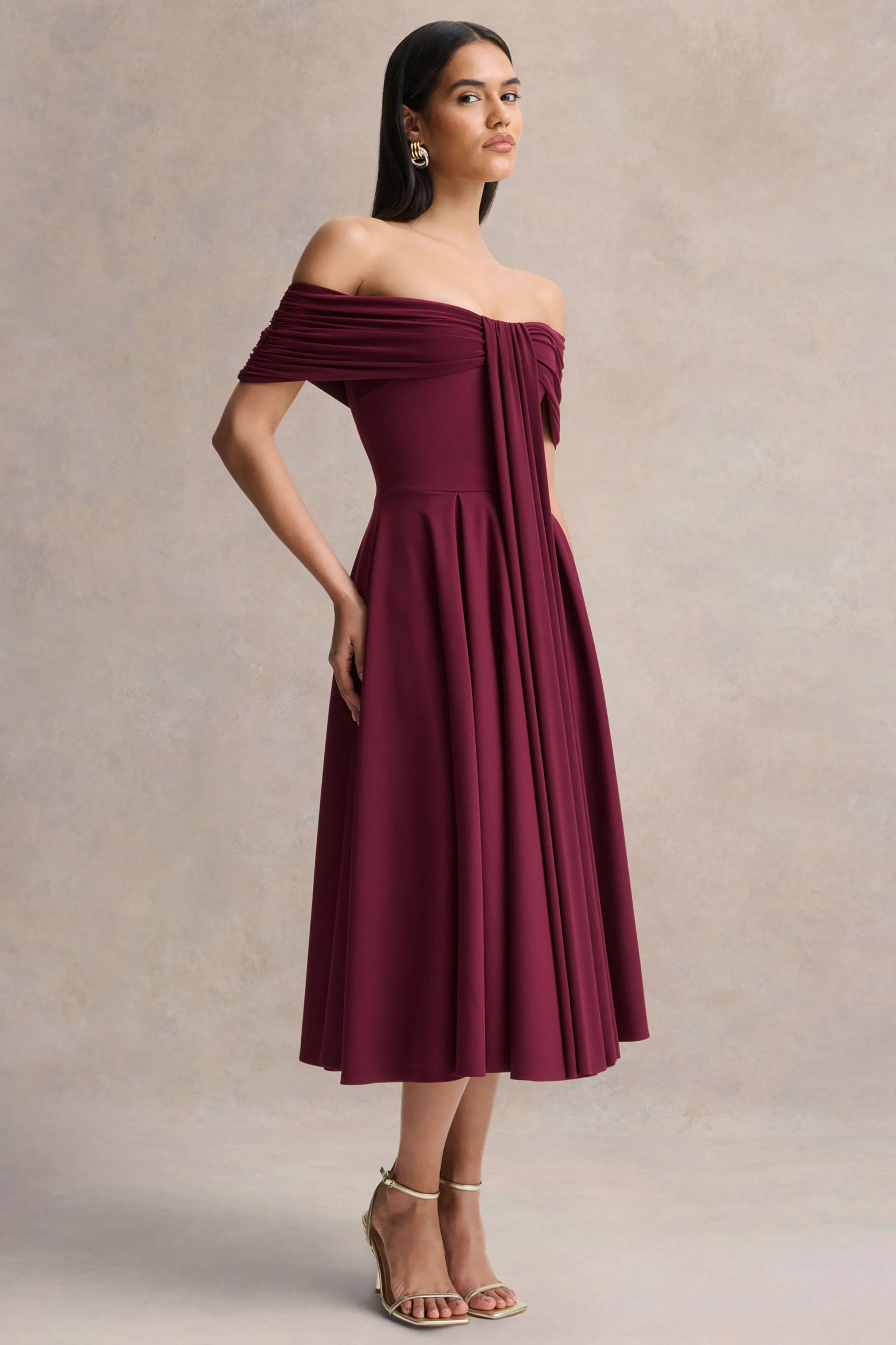 Dearest | Burgundy Bardot-Neck Midi Dress - Image 4