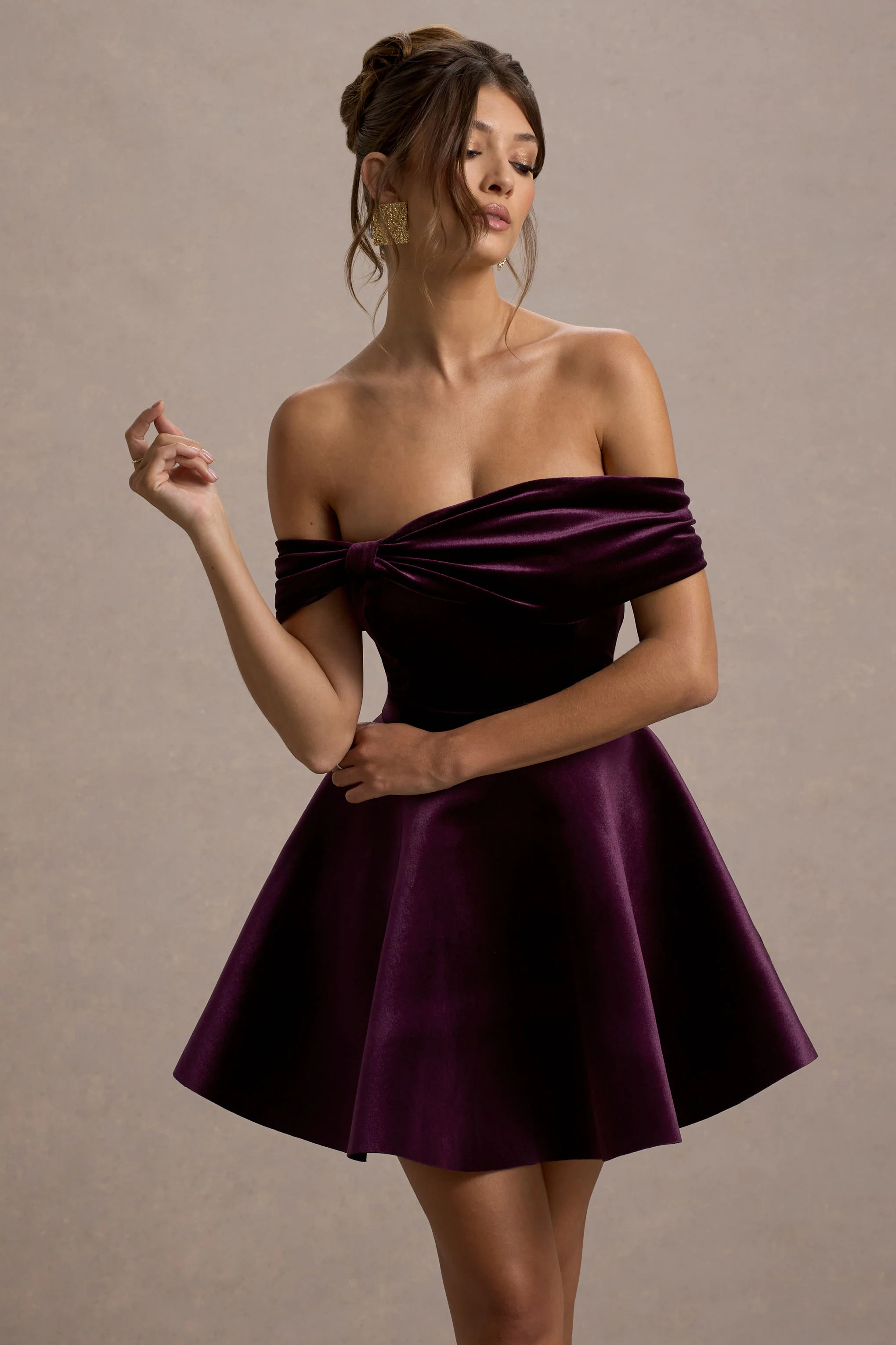 Dede | Port Velvet Bow Bardot Skater Mini Dress - Image 3