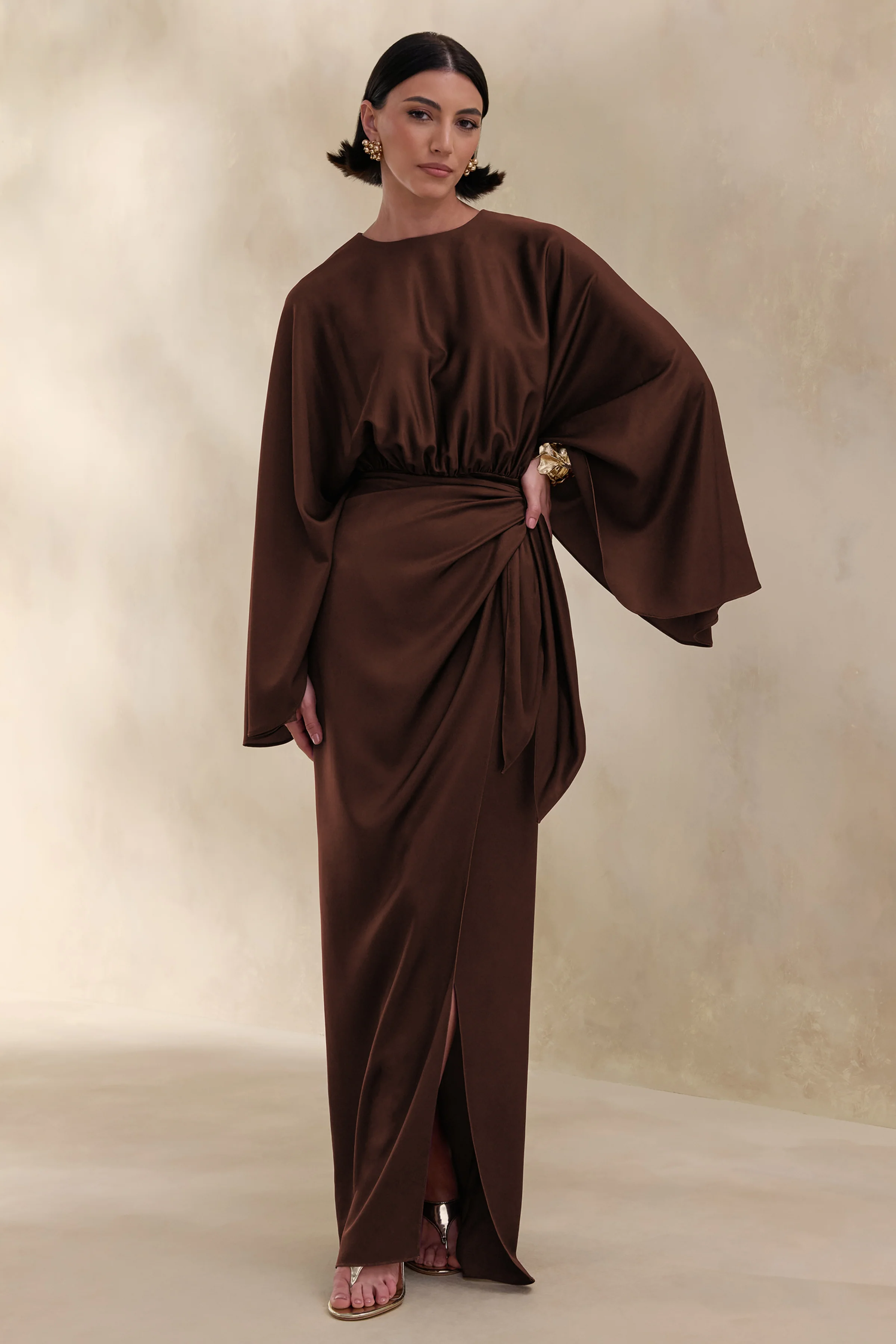 Delphina | Brown Satin Maxi Dress With Gathered And Knot-Detail - Image 4