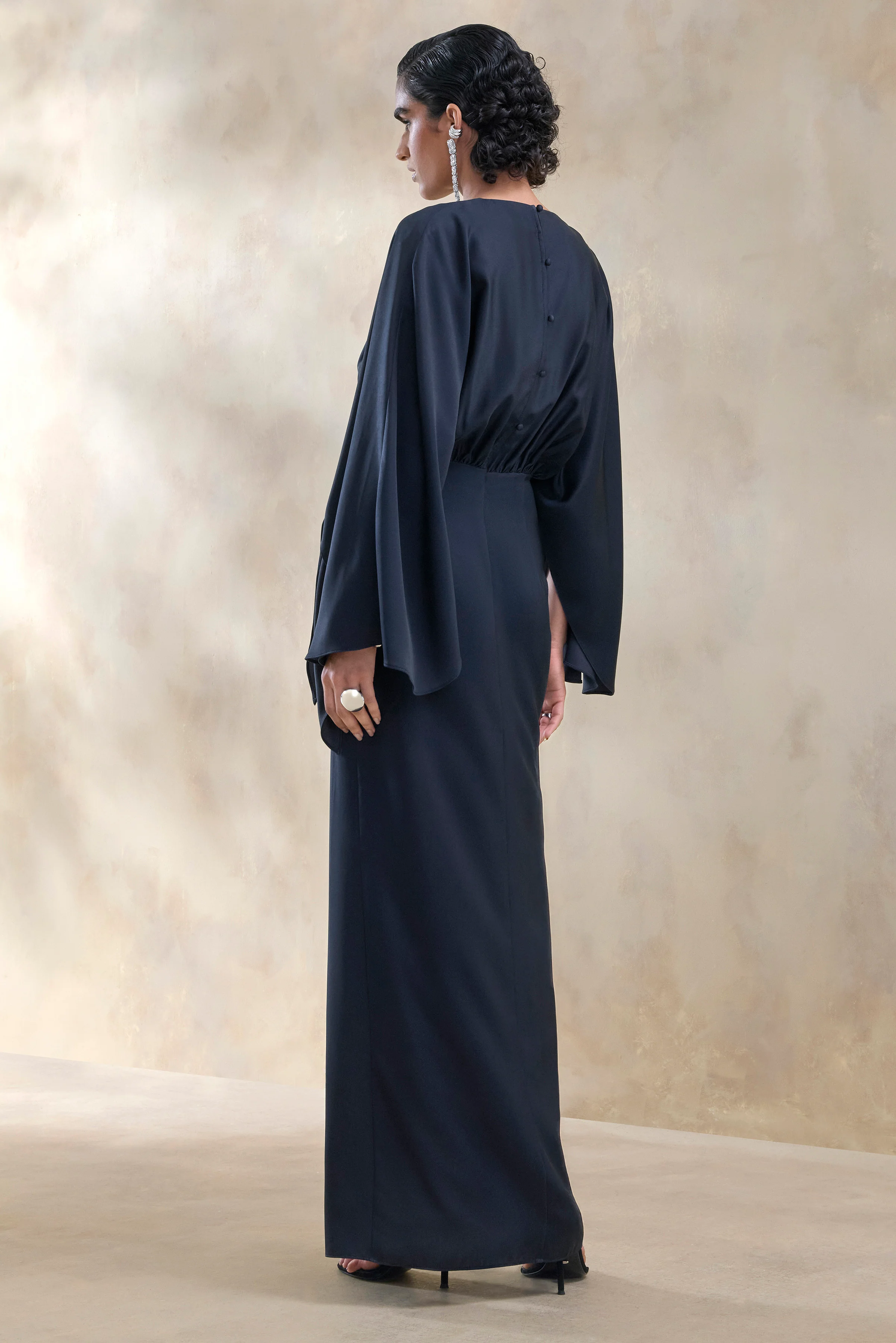 Delphina | Navy Satin Maxi Dress With Gathered And Knot-Detail - Image 2