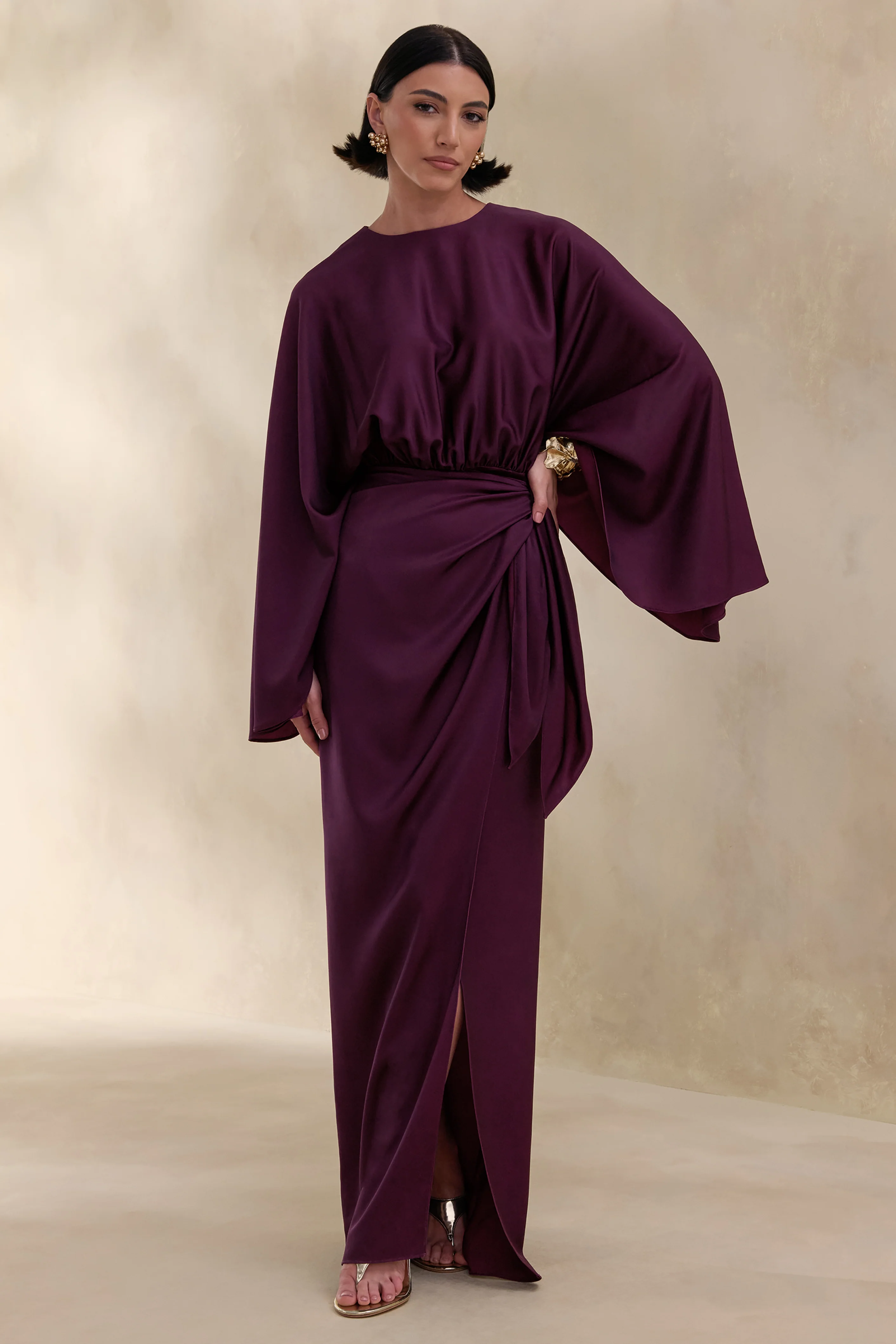 Delphina | Plum Satin Maxi Dress With Gathered And Knot-Detail - Image 6