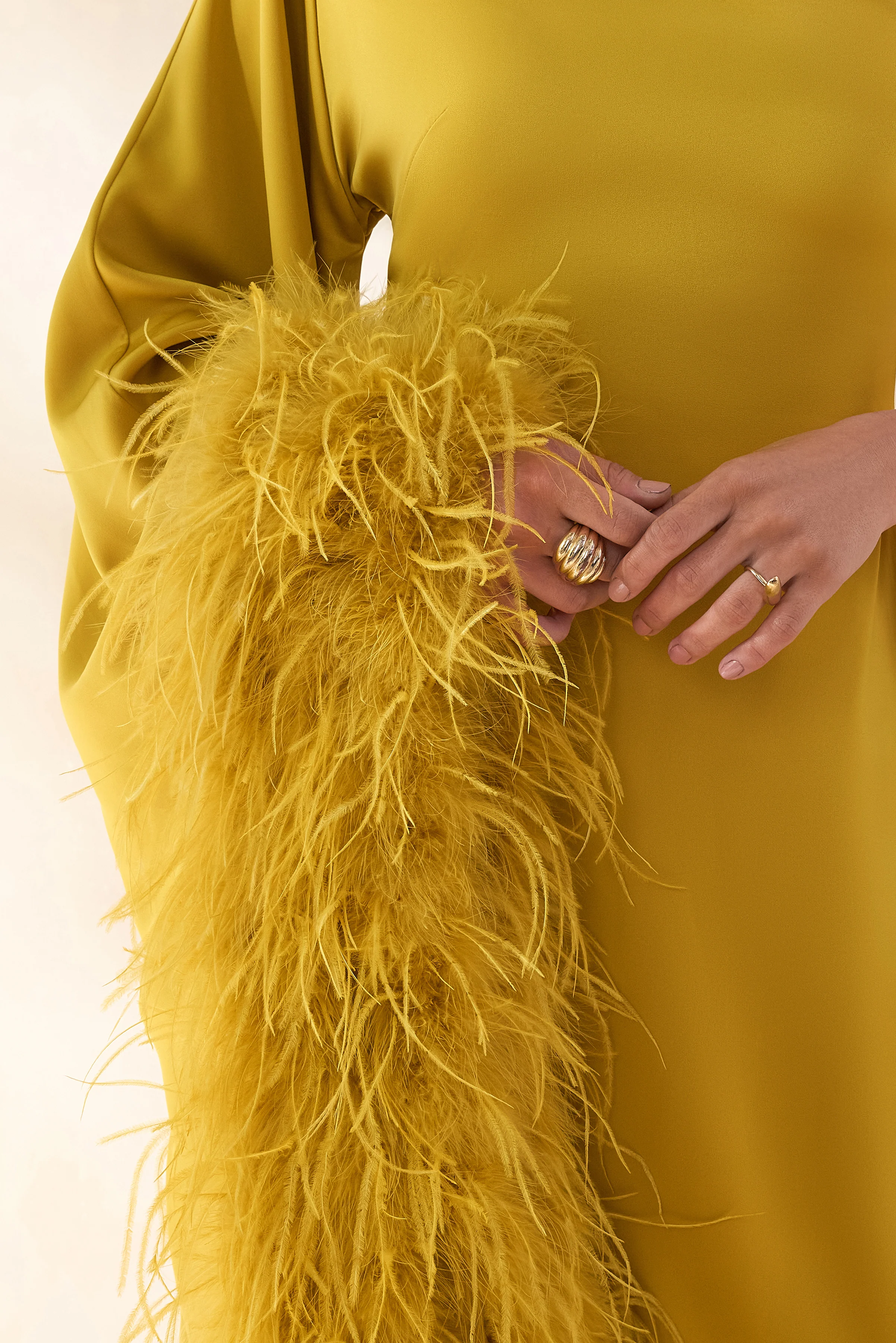 Destiny | Yellow Satin Asymmetric-Neck Midi Dress With Feather Details - Image 7