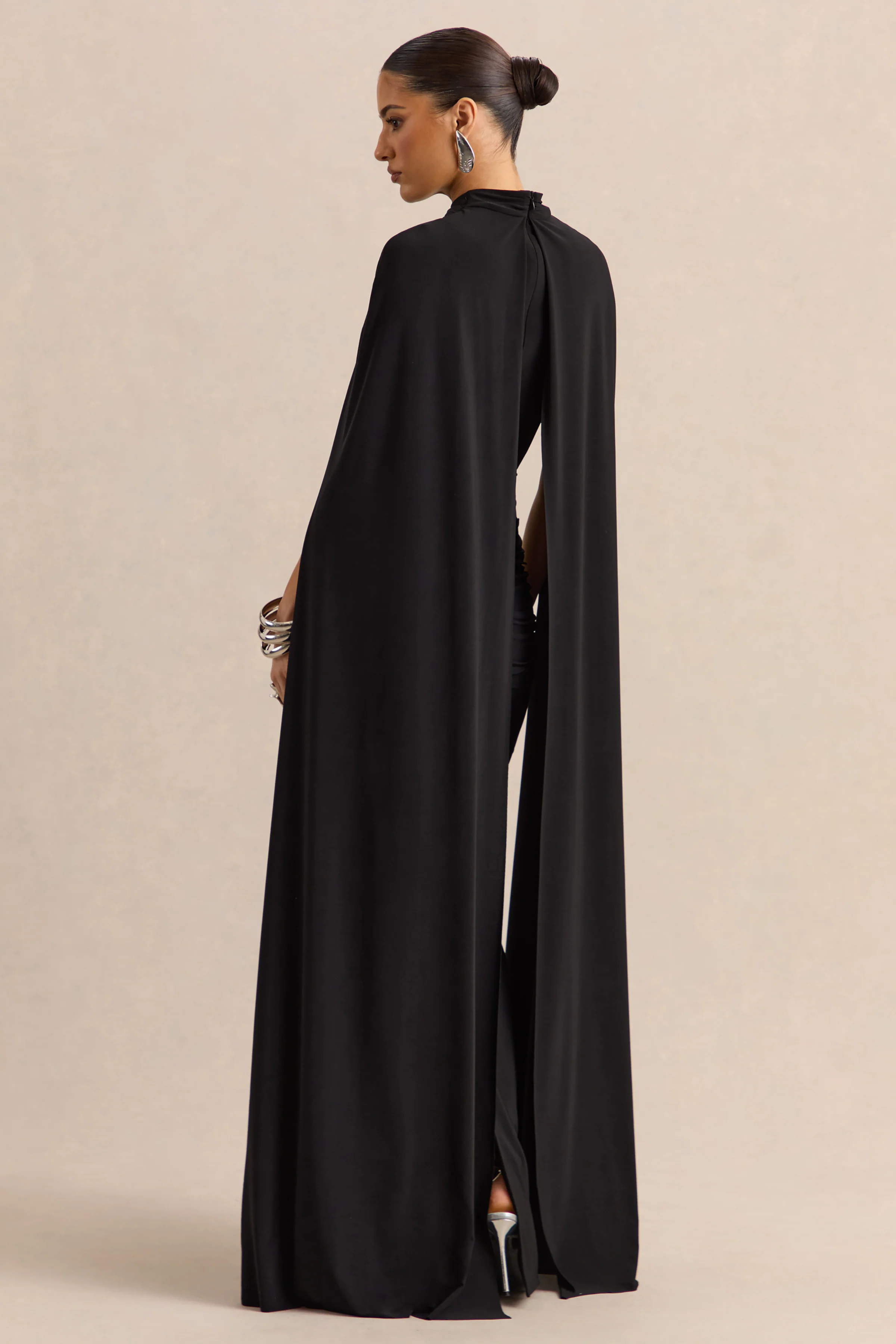 Dianelle | Black High-Neck Maxi Dress With Cape-Sleeves - Image 2