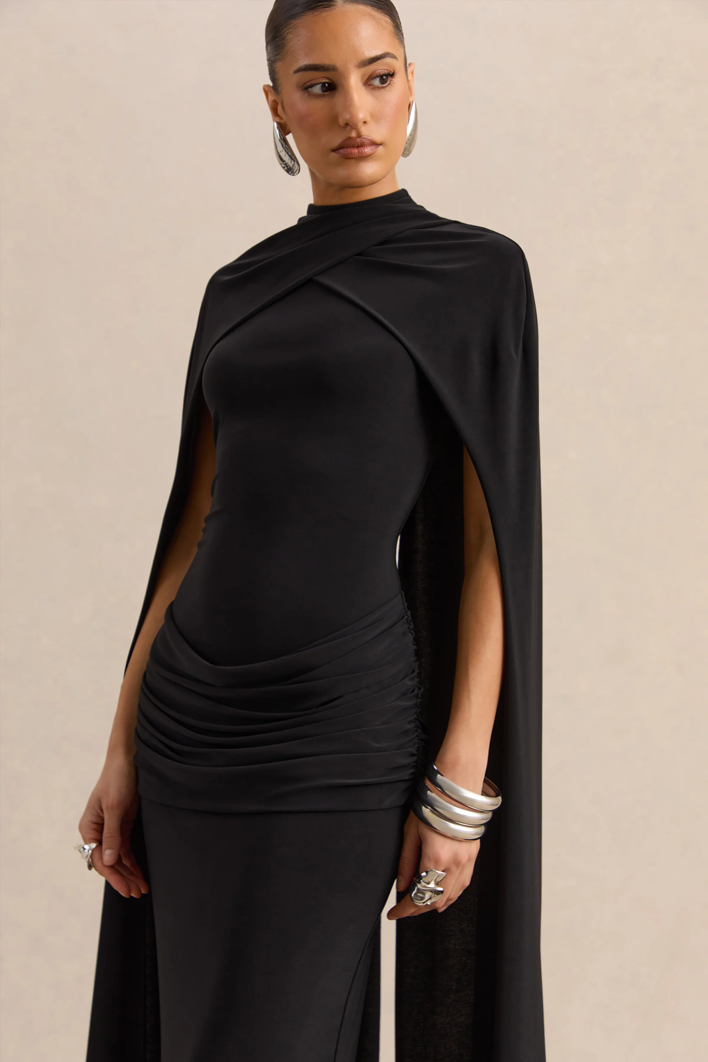 Dianelle | Black High-Neck Maxi Dress With Cape-Sleeves - Image 3