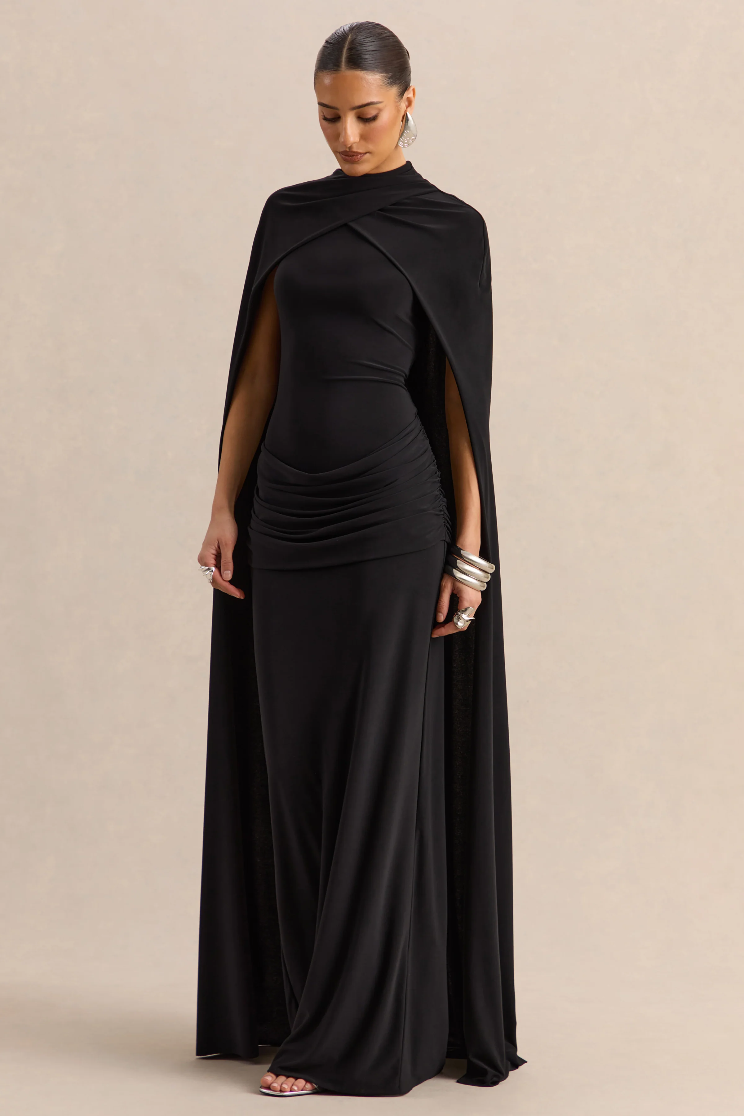 Dianelle | Black High-Neck Maxi Dress With Cape-Sleeves - Image 4
