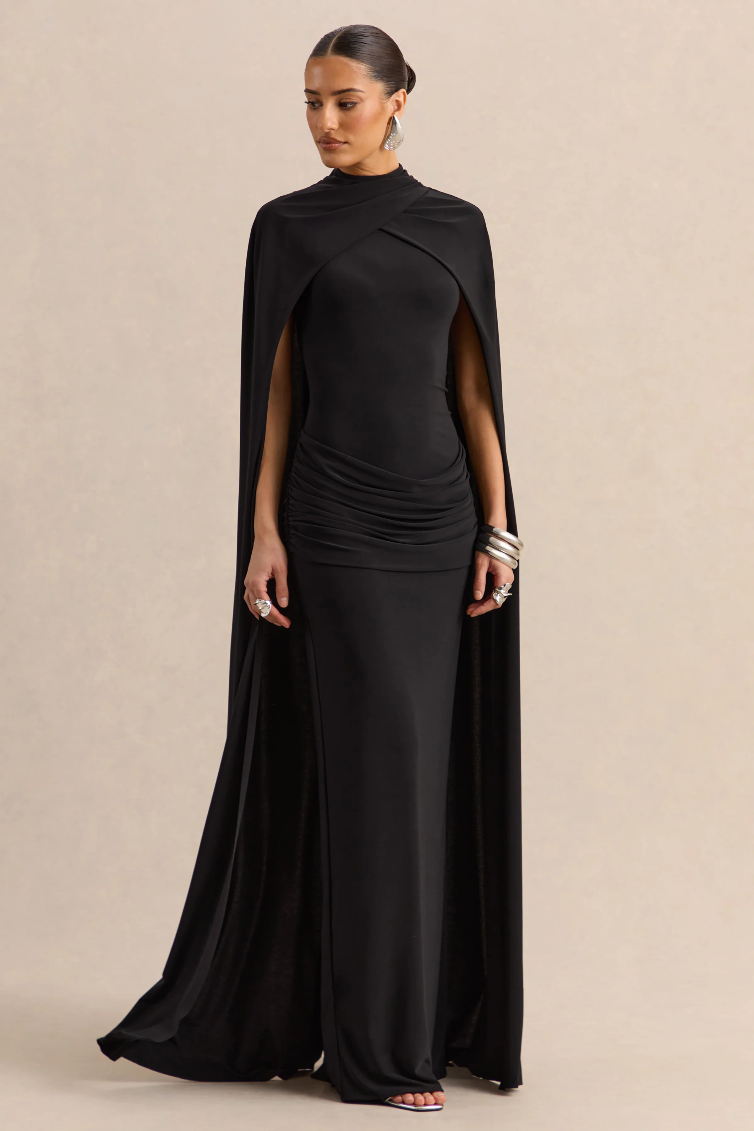 Dianelle | Black High-Neck Maxi Dress With Cape-Sleeves - Image 5