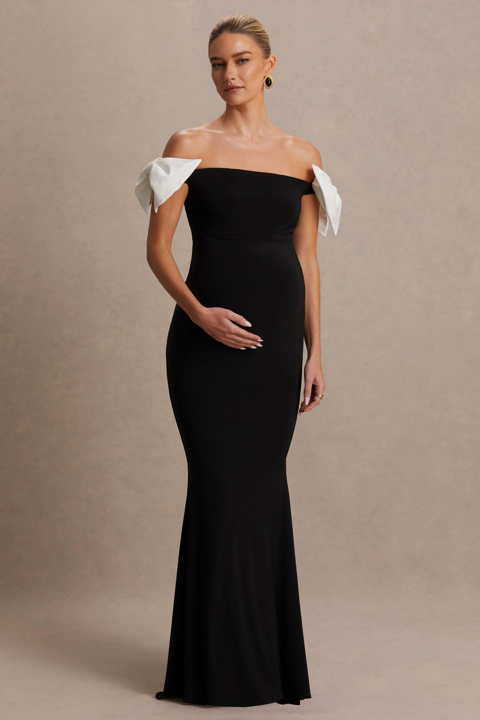 Didi | Black & White Bardot Bow Detail Maternity Maxi Dress - Image 4