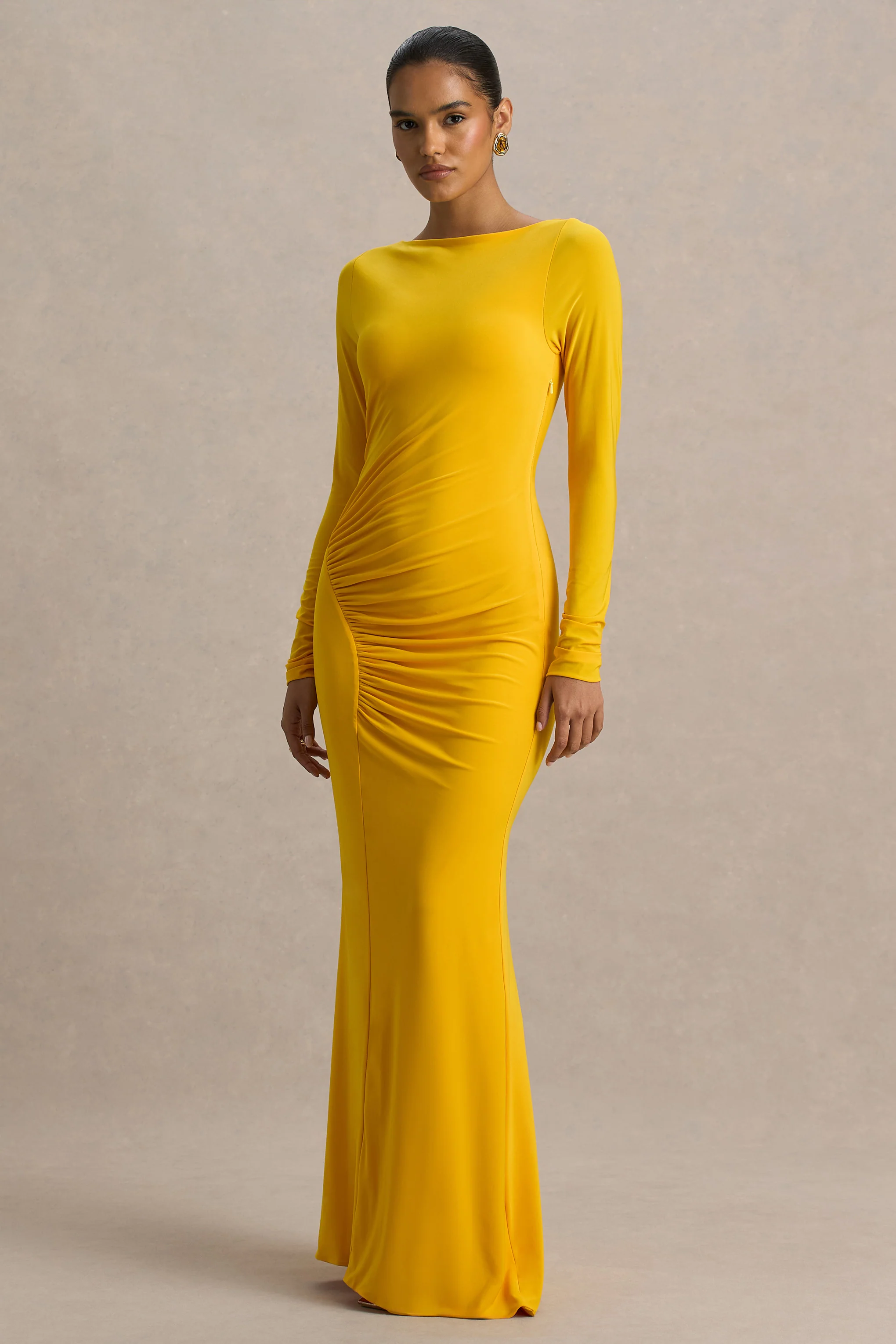Diva | Yellow Slashed-Neck Maxi Dress With Ruched Detailing - Image 3