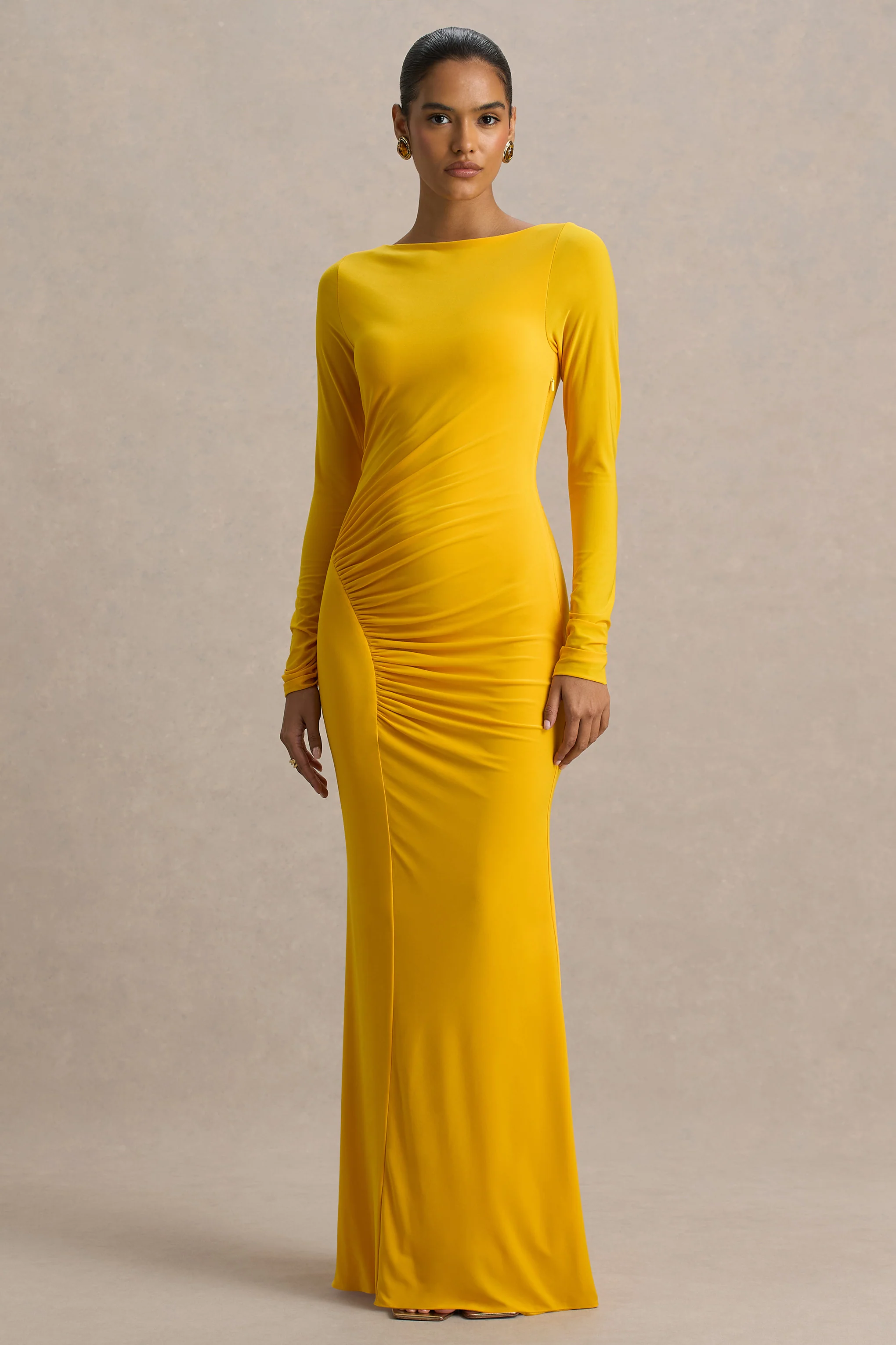 Diva | Yellow Slashed-Neck Maxi Dress With Ruched Detailing - Image 5